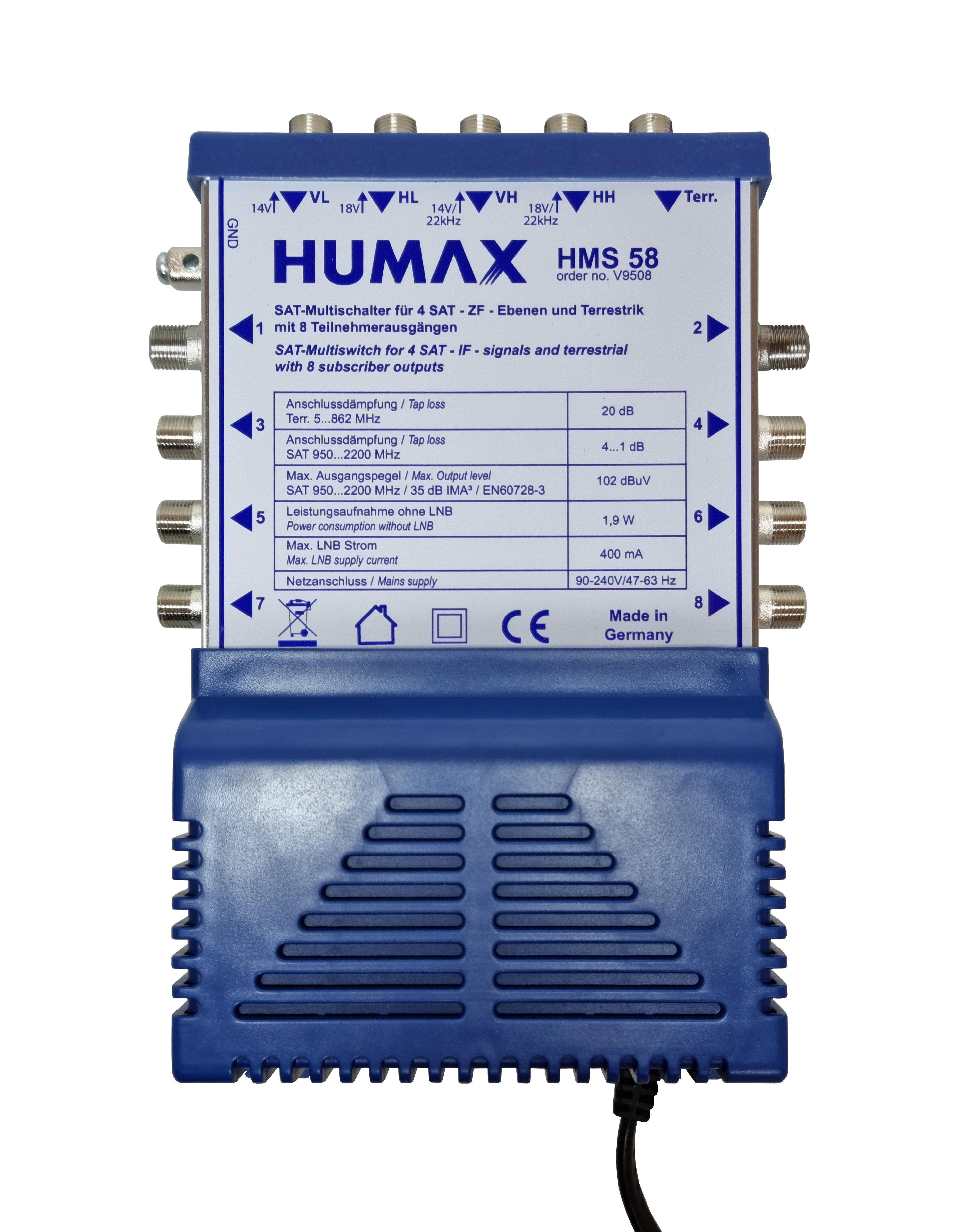 Ein blaues und graues Humax HMS 58 SAT-Multischalter-Gerät, isoliert auf Weiß.