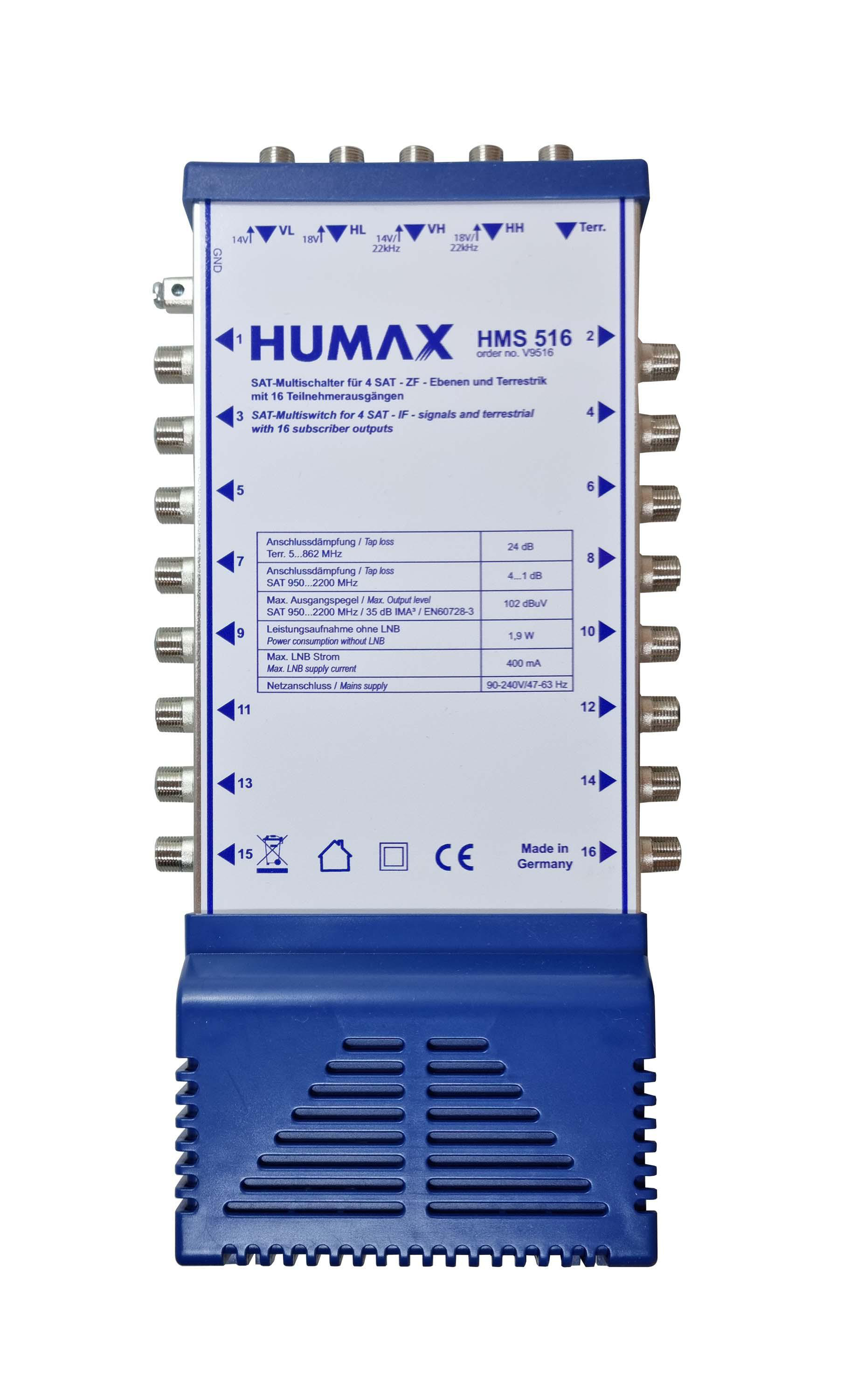 Ein HUMAX Multiswitch mit mehreren Anschlüssen und Beschriftungen. Das Gerät ist blau und weiß.