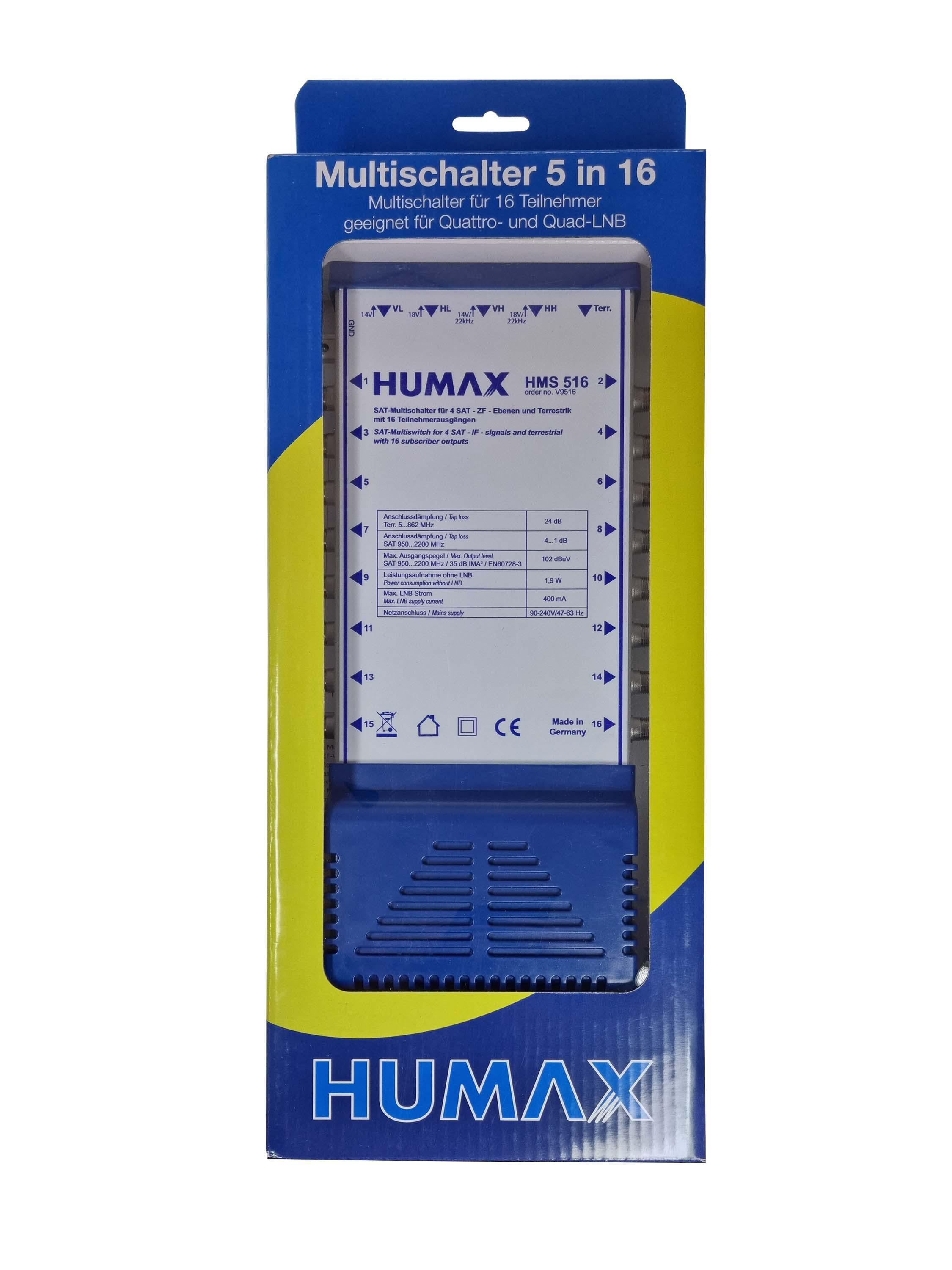 Humax-Multischalter in einer Box, 5 in 16. Er ist blau und weiß mit Produktinformationen.