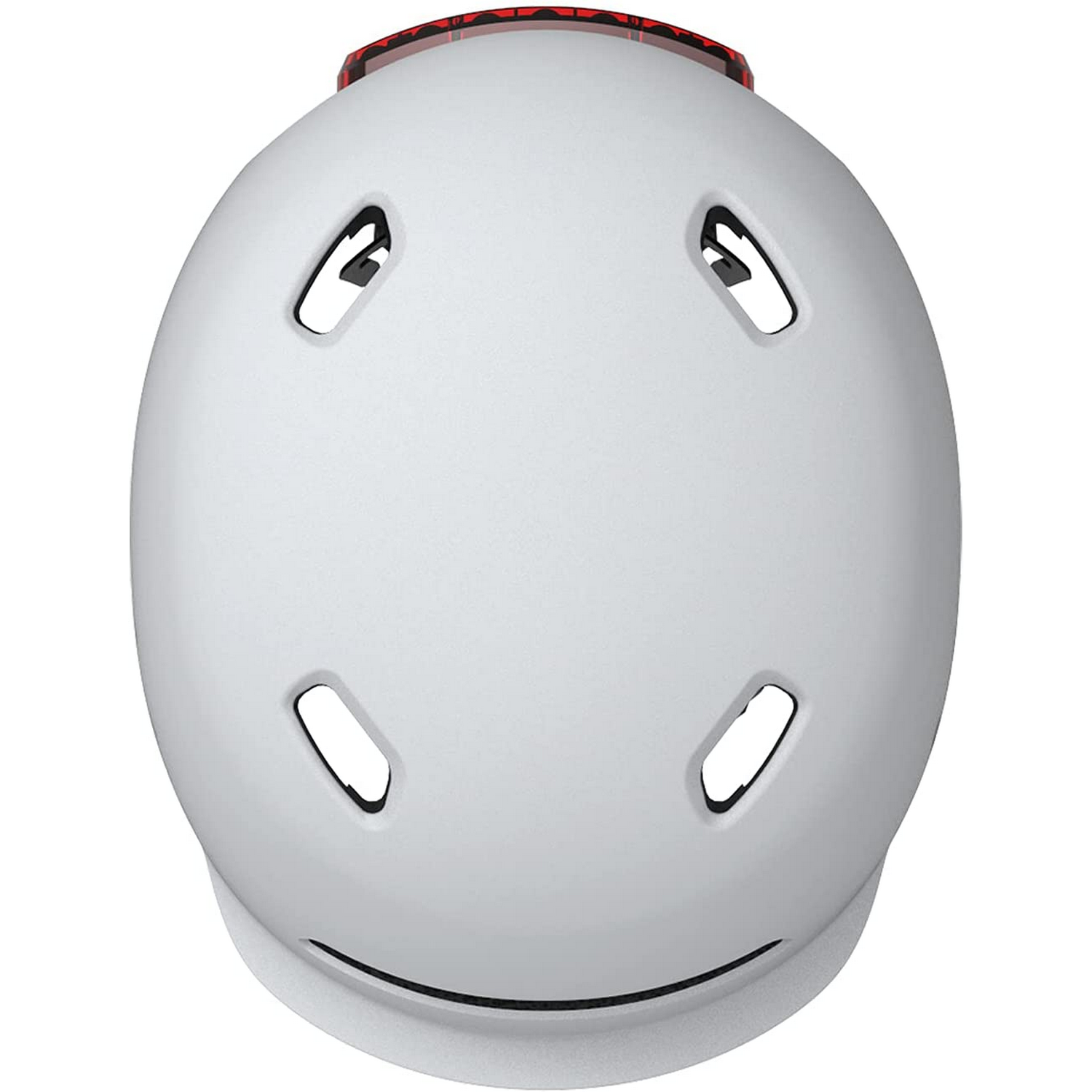 Vista superior de un casco de bicicleta blanco con ventilaciones y luz roja. Diseño simple.