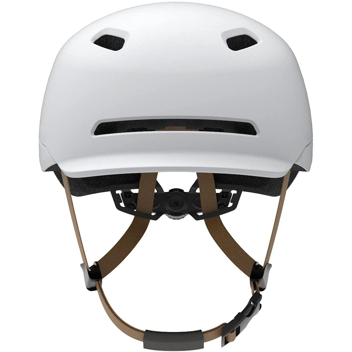 Casco de bicicleta blanco, correas marrones, hebilla negra y marrón.