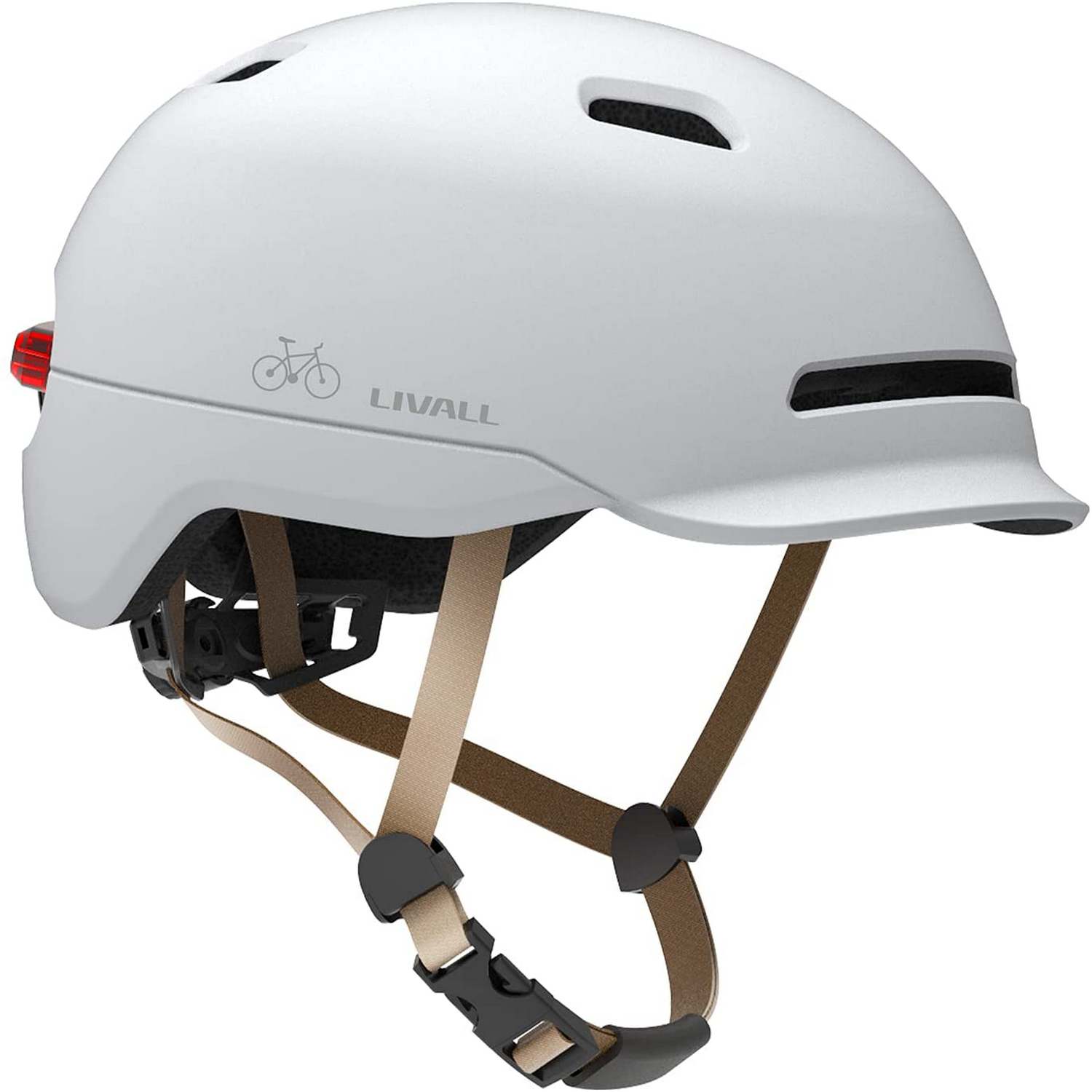 Un casco de bicicleta blanco con luz roja y correas ajustables. La marca LIVALL está impresa.