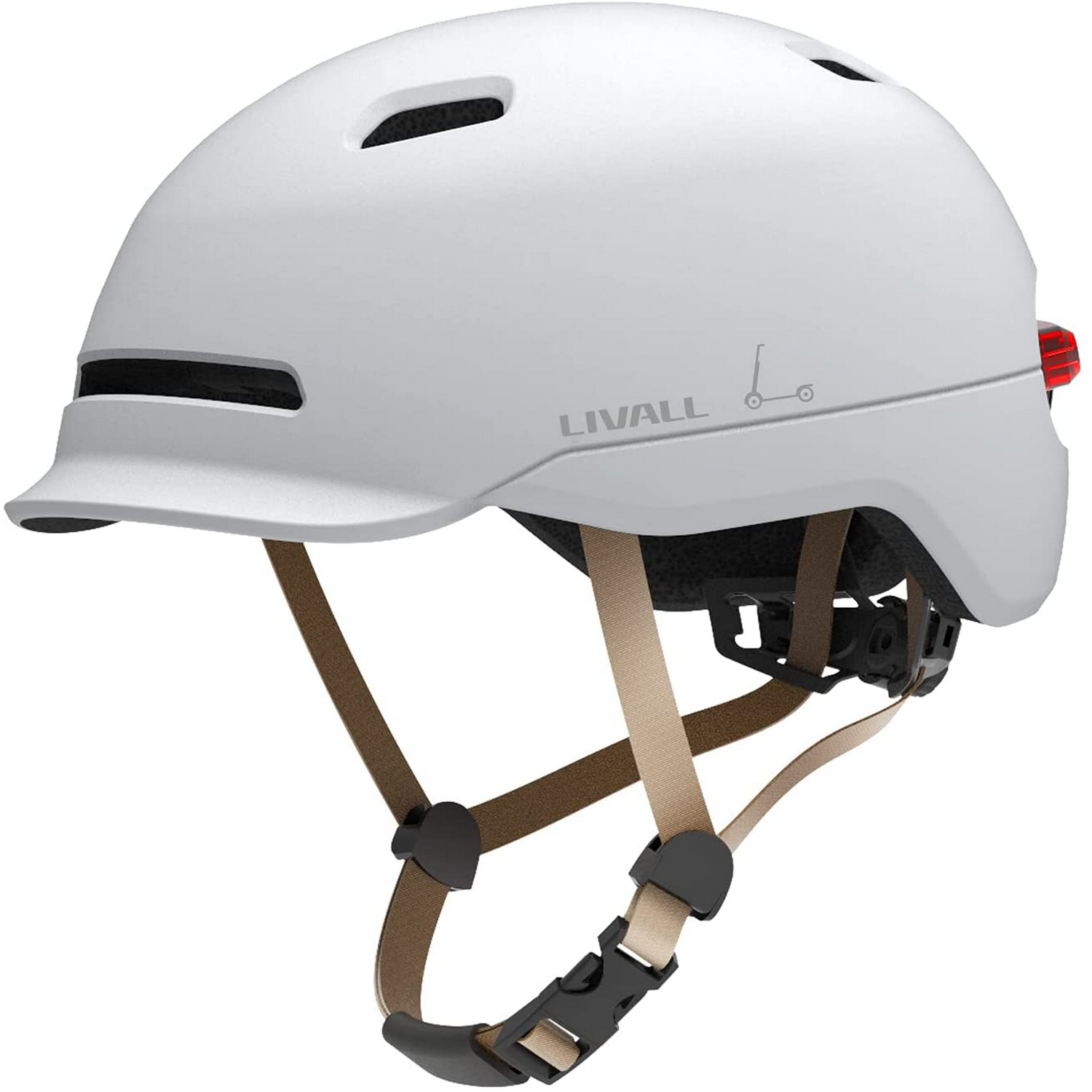 Casco de bicicleta blanco con correas y visera, con la palabra LIVALL en el lateral.