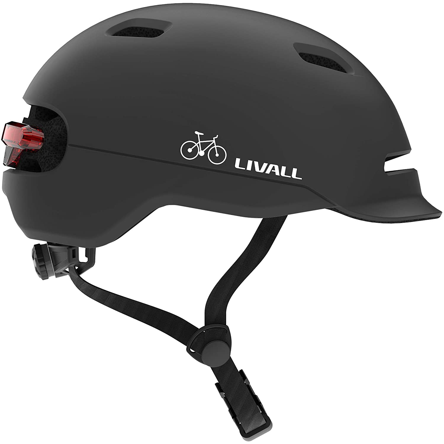 Casco de bicicleta negro con luz trasera y la palabra LIVALL en él.