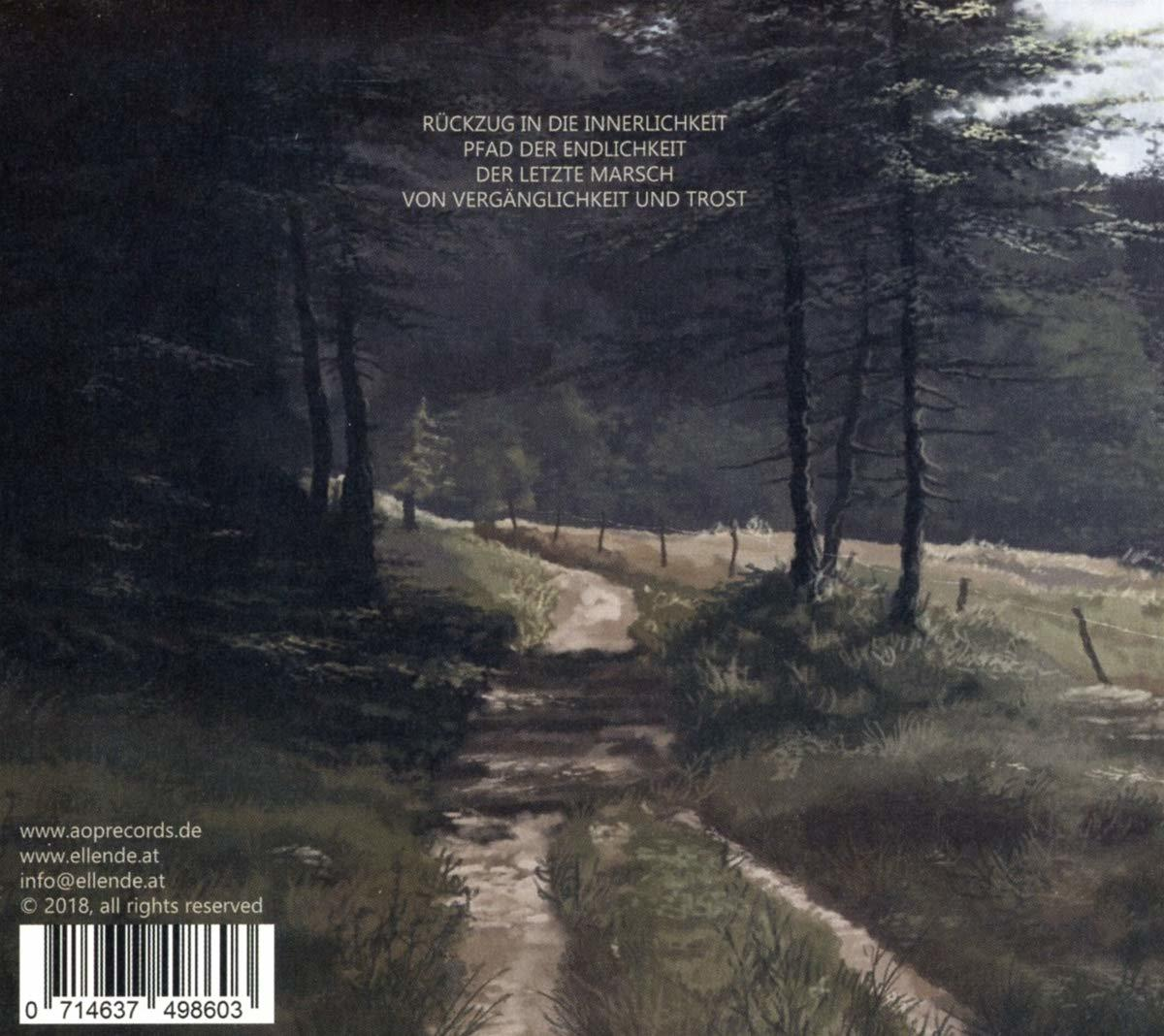 Waldweg mit Bäumen, Sonne und Wolken über der Lichtung. Texte und Barcode.