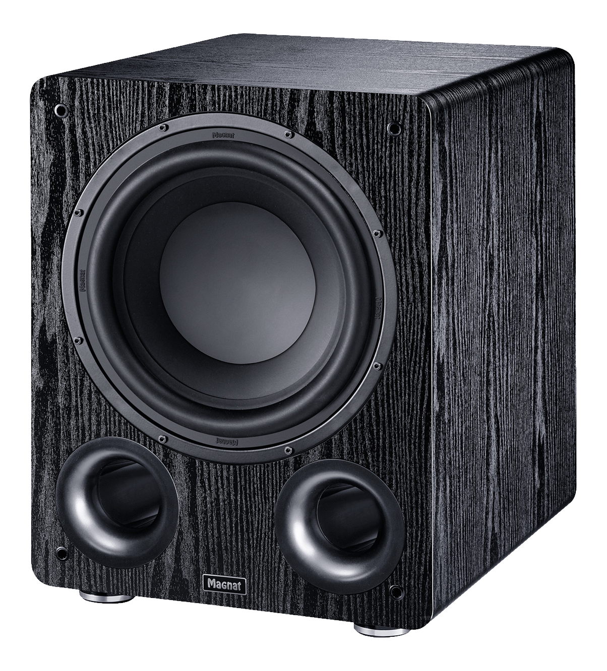 Schwarzer Subwoofer mit Holzmaserung. Großer zentraler Lautsprecher, zwei vordere Anschlüsse.