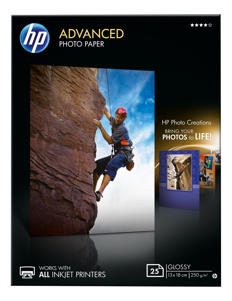 Werbung für Fotopapier. Eine Person klettert eine Felswand vor blauem Himmel.