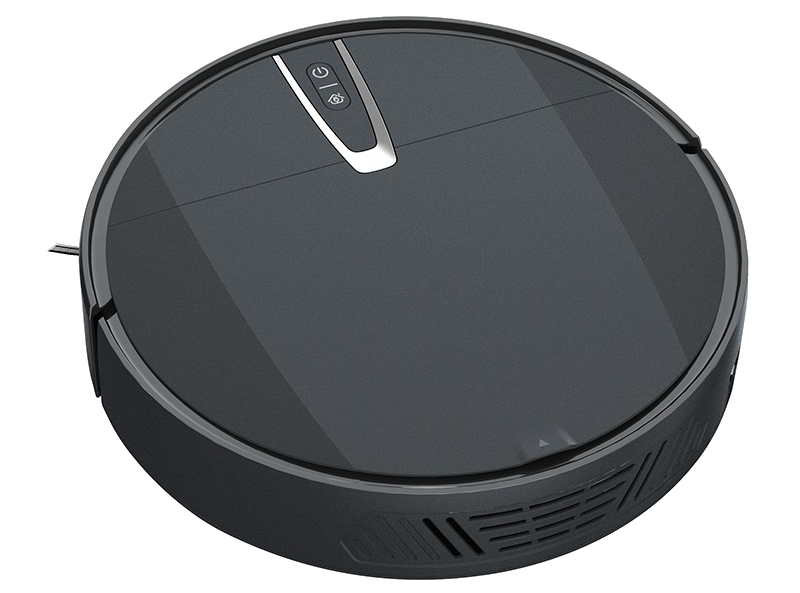 Fekete robotporszívó. Kerek forma ezüst gombokkal felül. Sötét háttér.