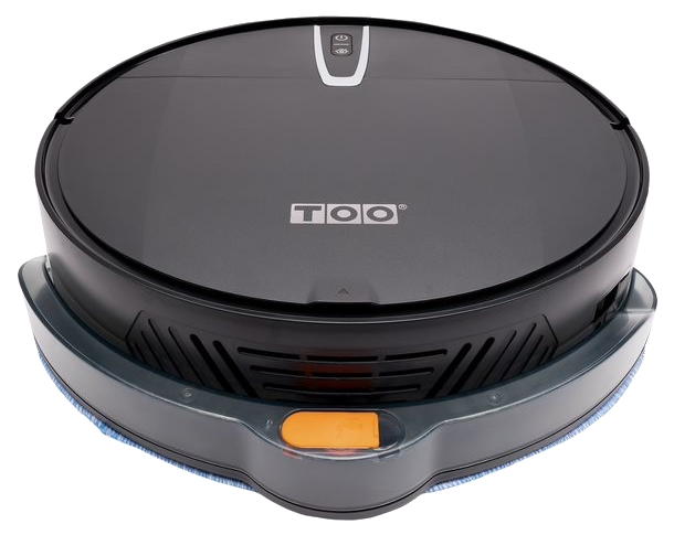 Fekete robot porszívó egy töltőállomáson. A porszívó kerek. A 'TOO' látható.