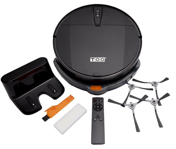 Fekete robotporszívó tartozékokkal: töltőállomás, kefe, távirányító, szűrő, és kefék.