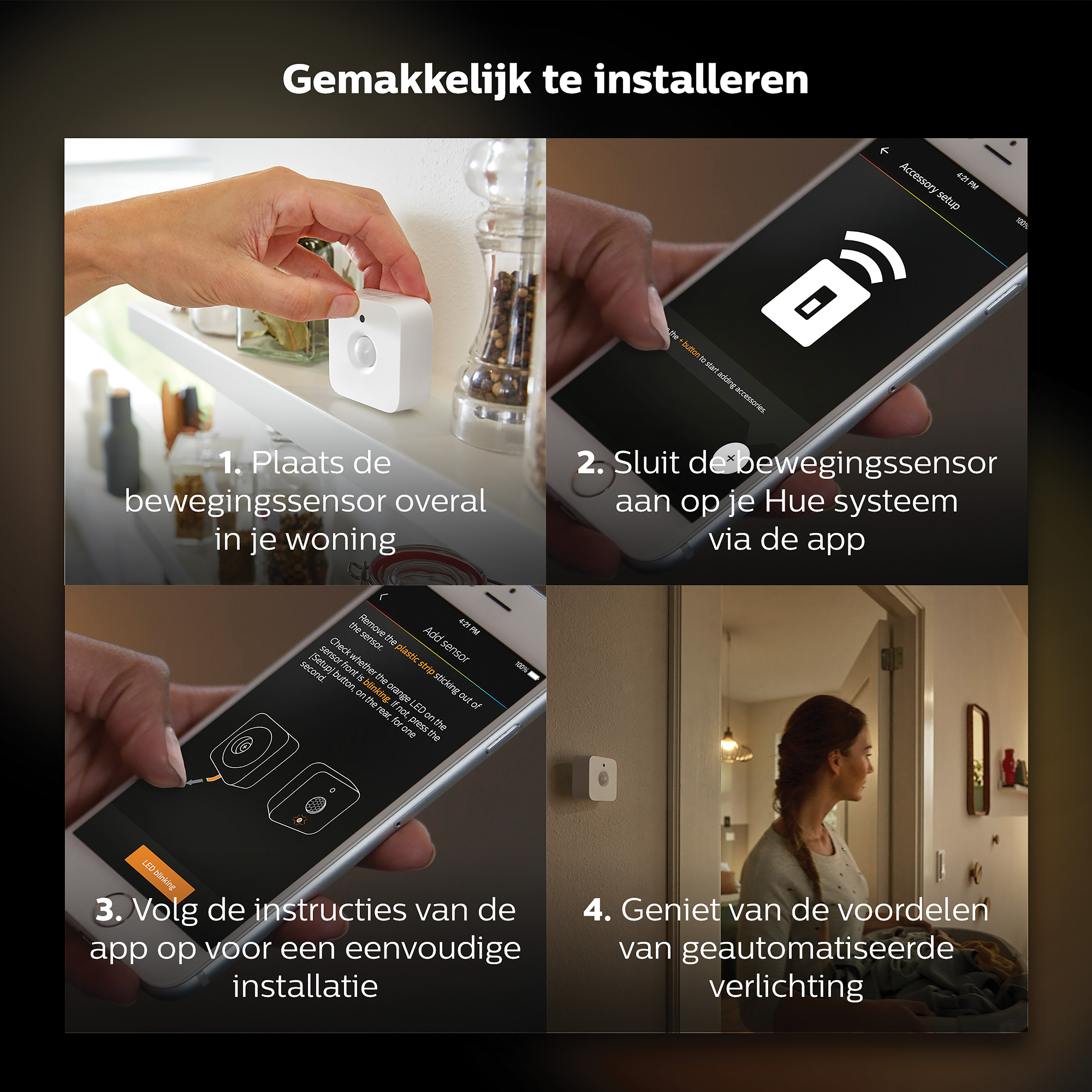 Afbeeldingen die de installatiestappen van een slimme huissensor tonen, met de handen van een vrouw die met een telefoon interageert.