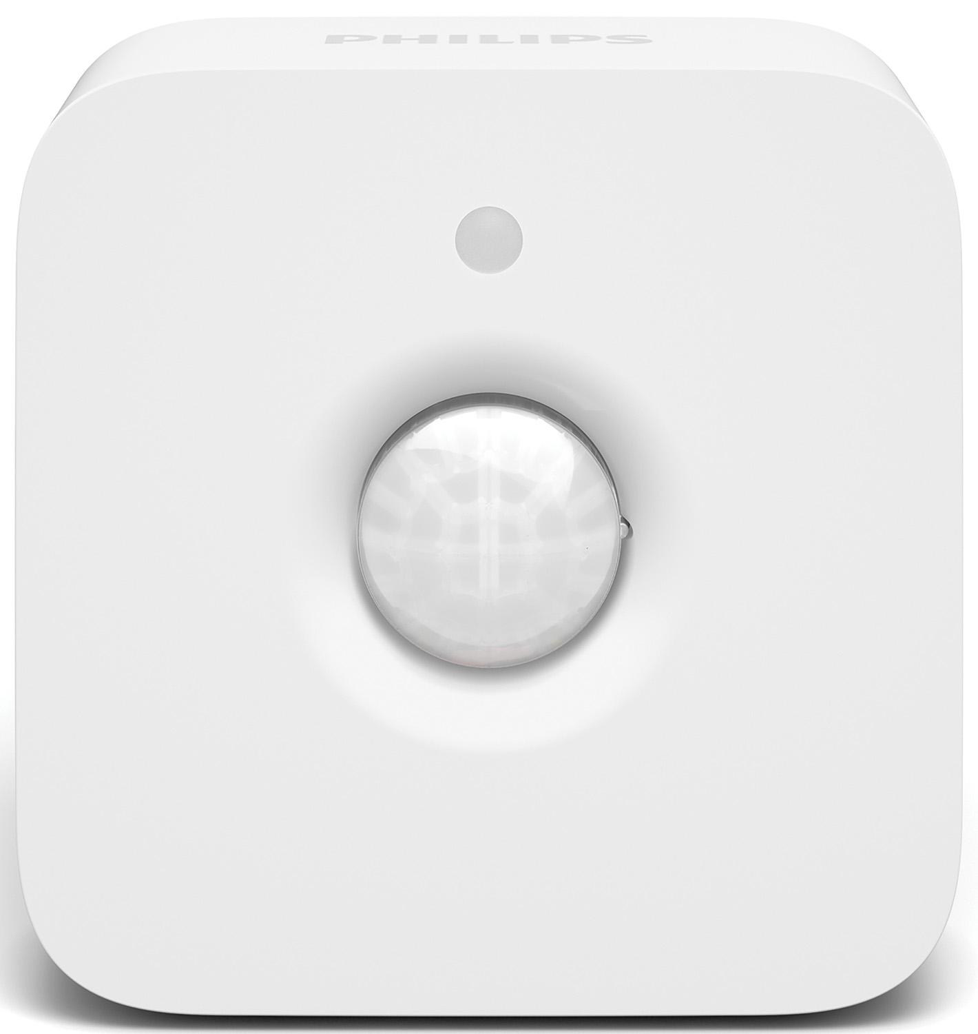 Een wit vierkant slimme-huis-apparaat met een ronde sensor in het midden.