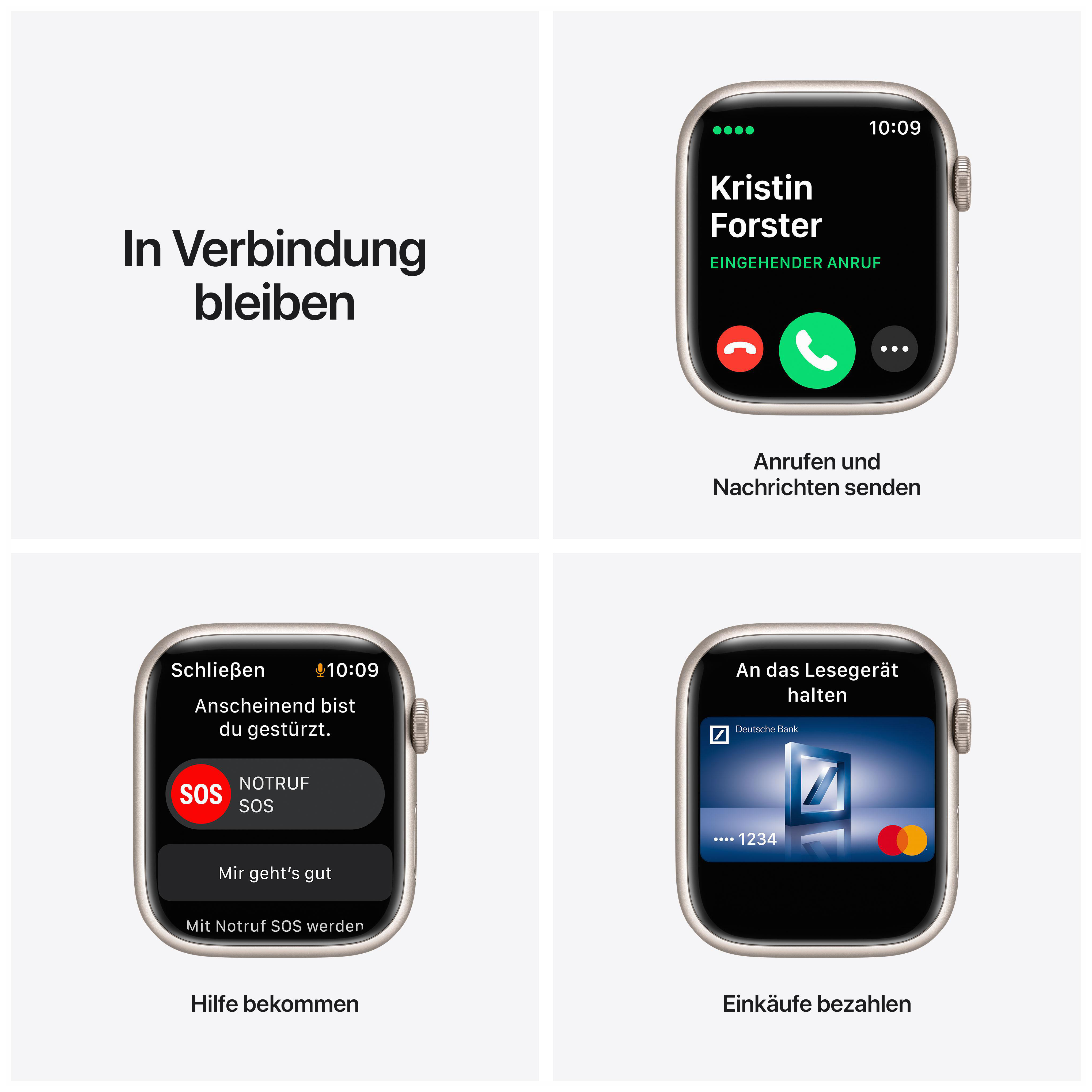 Apple Watch, das einen eingehenden Anruf, SOS-Alarm und Zahlungsoptionen zeigt.