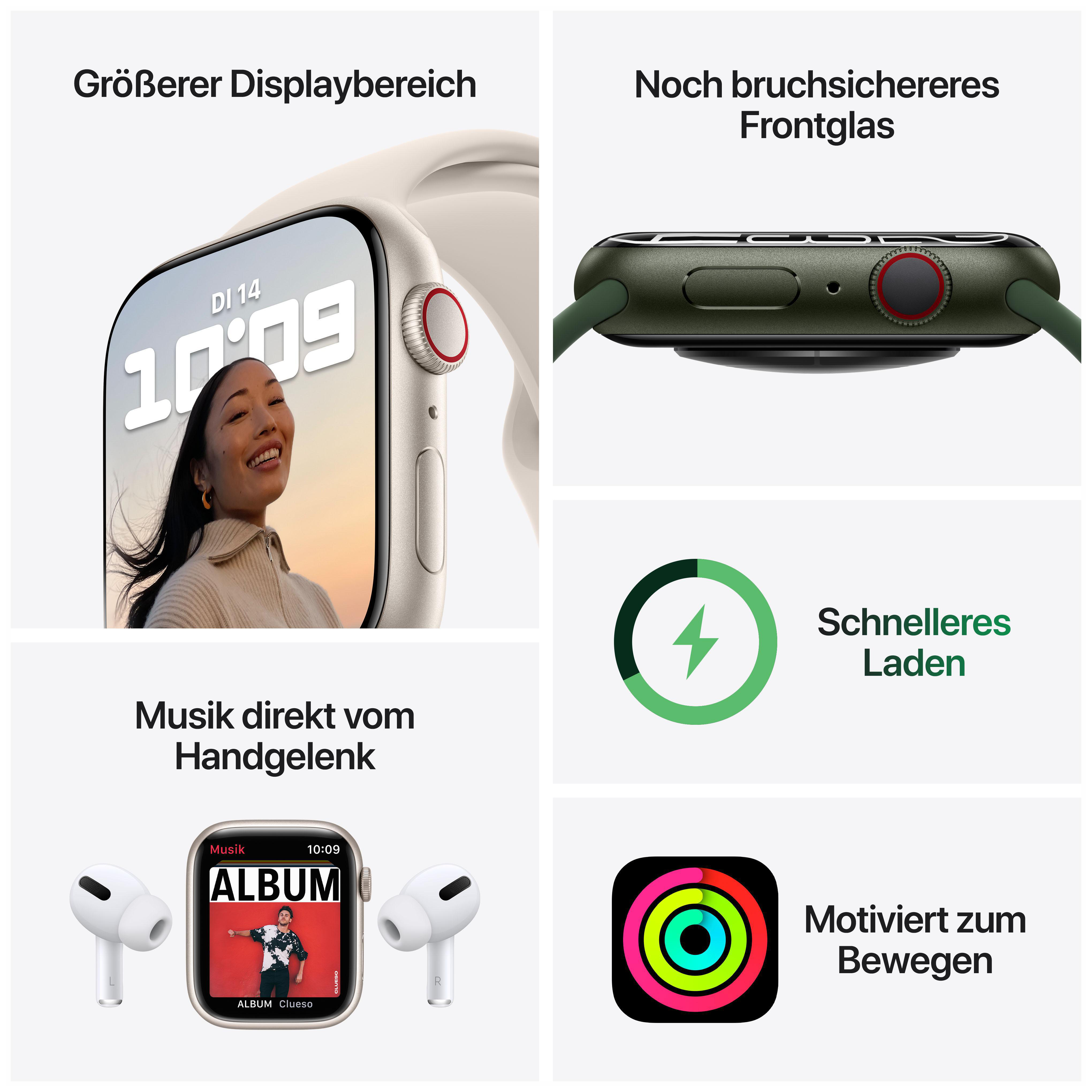 Apple Watch, Nahaufnahmen: Bildschirm, Seitenansicht und Uhr mit Zubehör und Text.