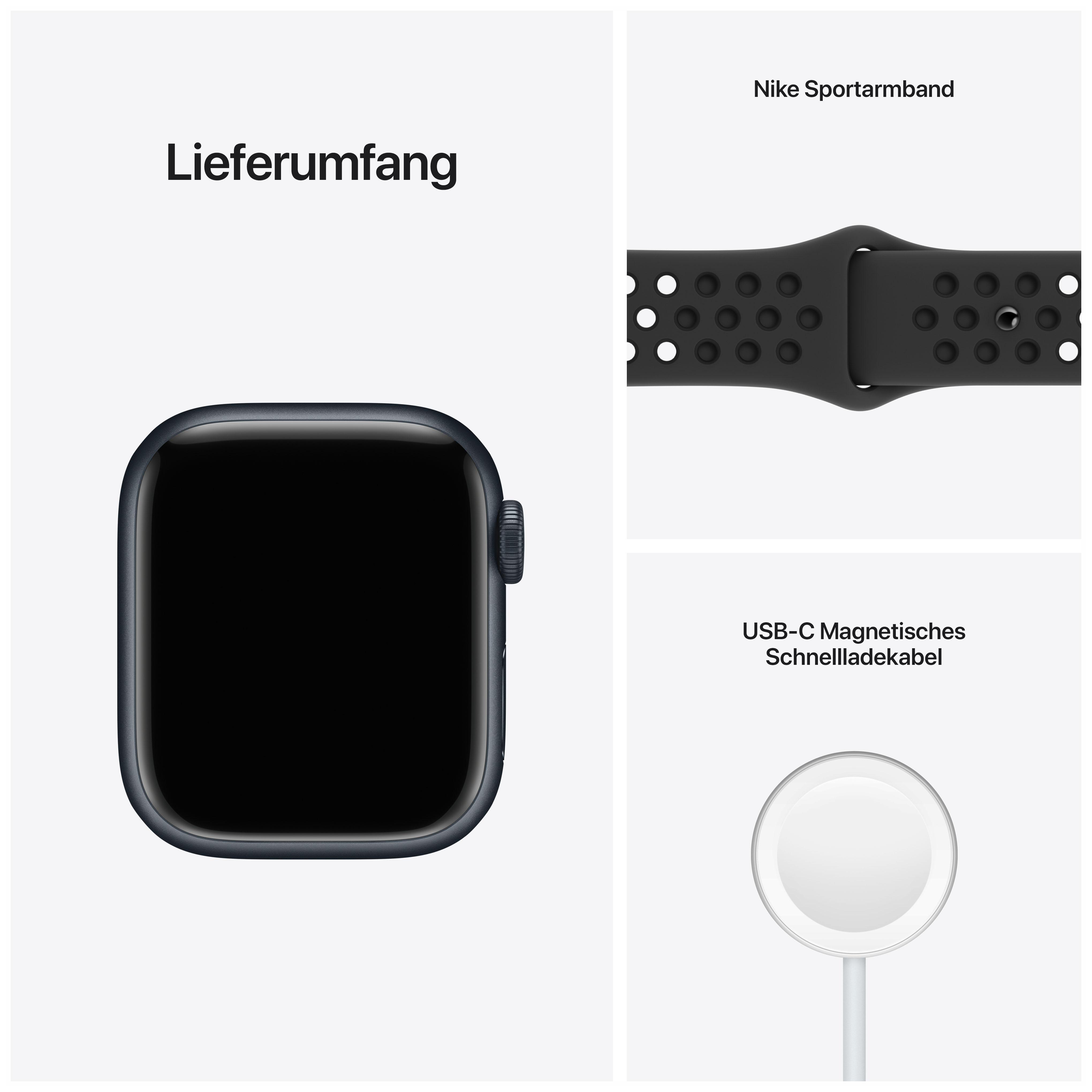 APPLE Watch Series 7 Nike (GPS + Cellular) 41mm Smartwatch Fluorelastomer, 130 - 200 mm, Armband: Mitternacht, Gehäuse: Mitternacht
