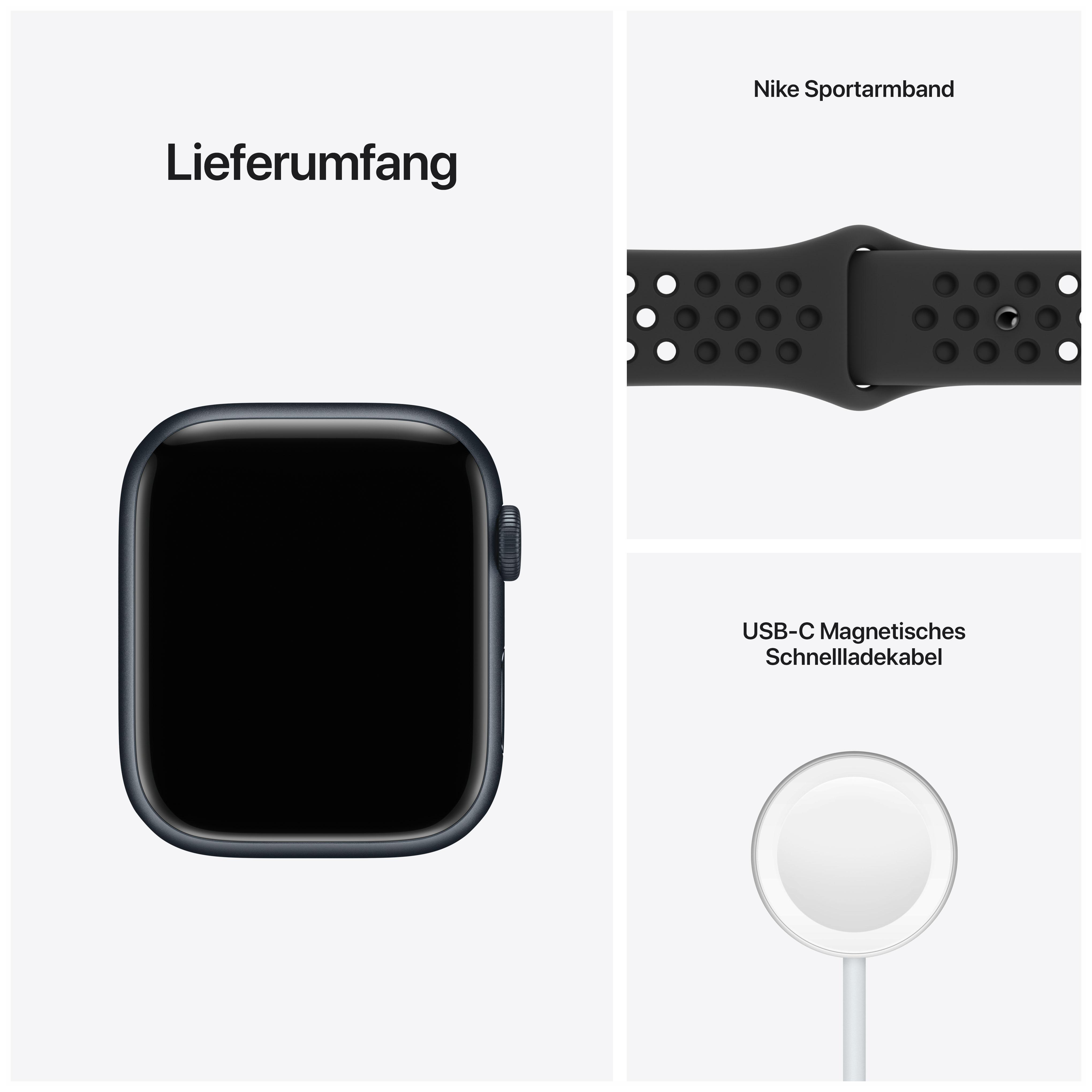 APPLE Watch Series 7 Nike (GPS + Cellular) 45mm Smartwatch Fluorelastomer, 140 - 220 mm, Armband: Mitternacht, Gehäuse: Mitternacht