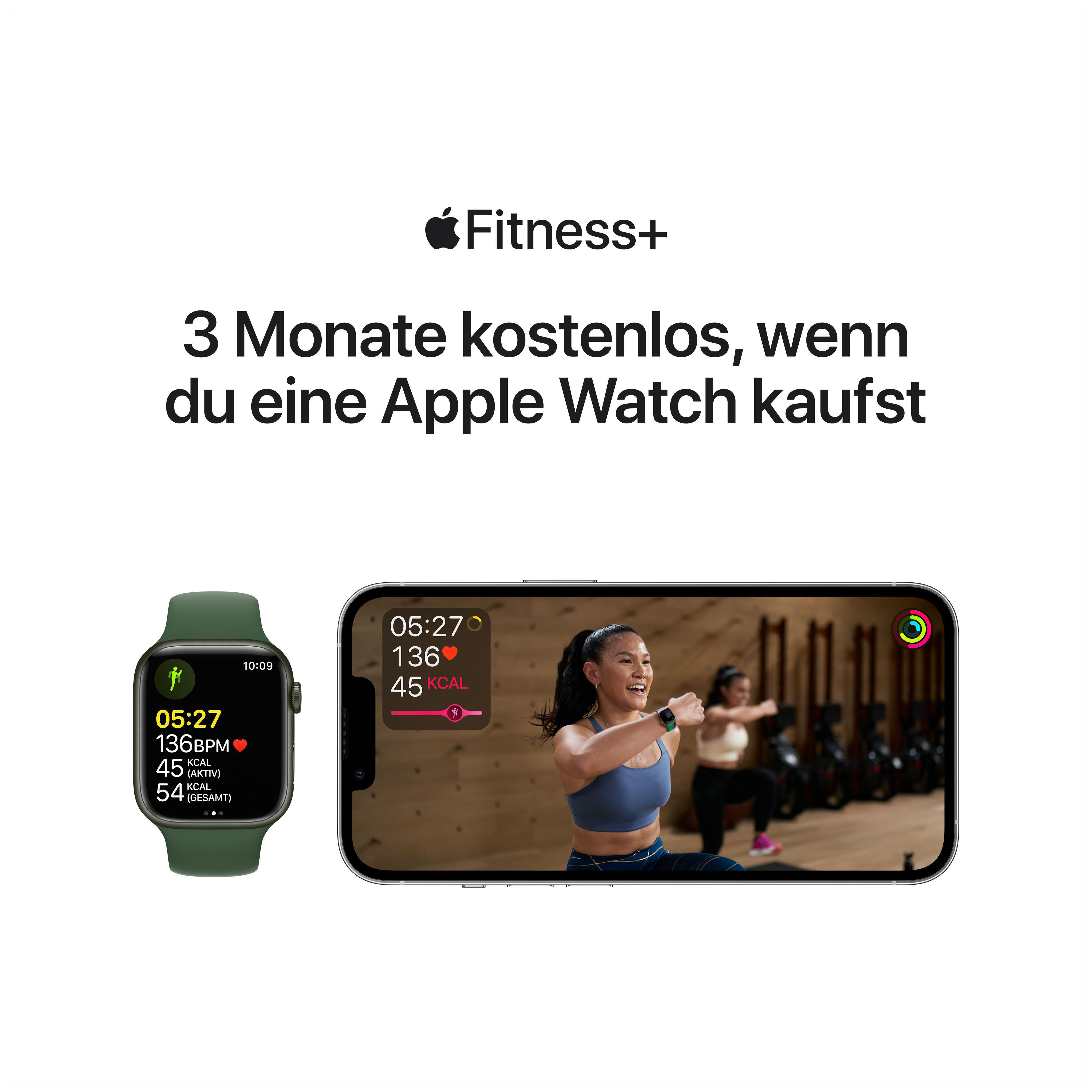Apple Watch und iPhone zeigen Fitnessdaten, Text 'Fitness+'.