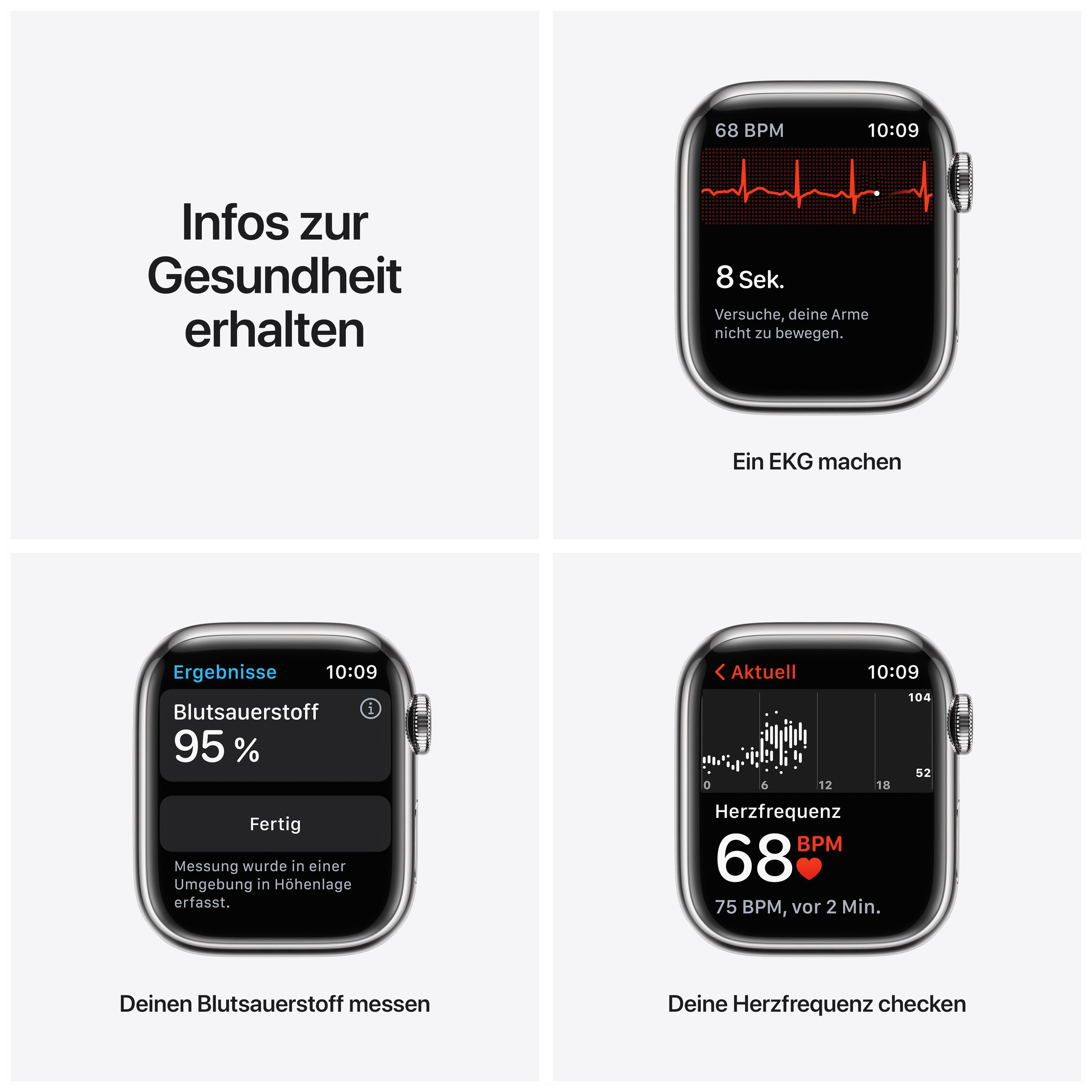 Vier Apple Watch-Bildschirme, die Gesundheitsdaten anzeigen: EKG, Blutsauerstoff und Herzfrequenz.