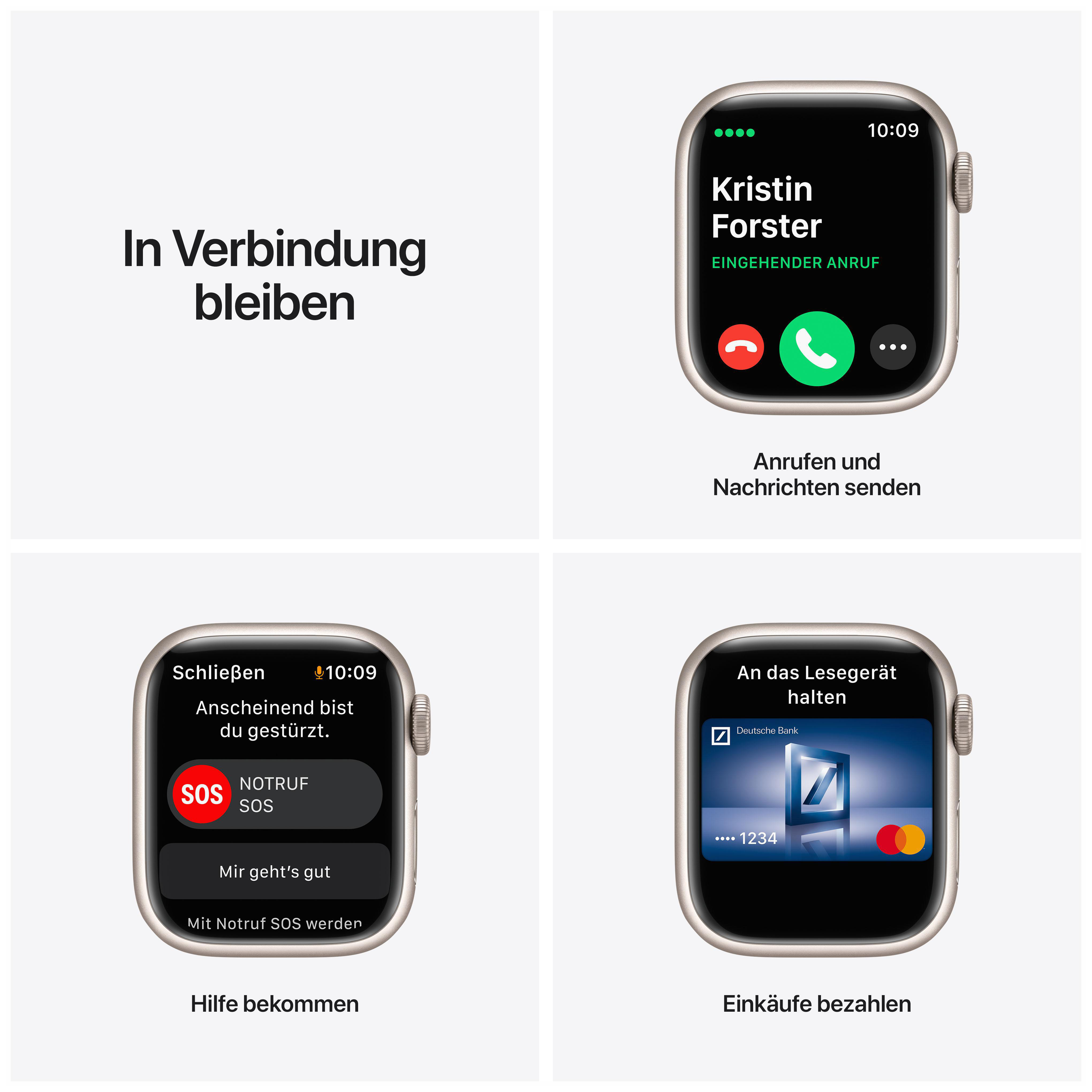 APPLE Watch Series 7 (GPS + Cellular) 41mm Smartwatch Fluorelastomer, 130 - 200 mm, Armband: Polarstern, Gehäuse: Polarstern