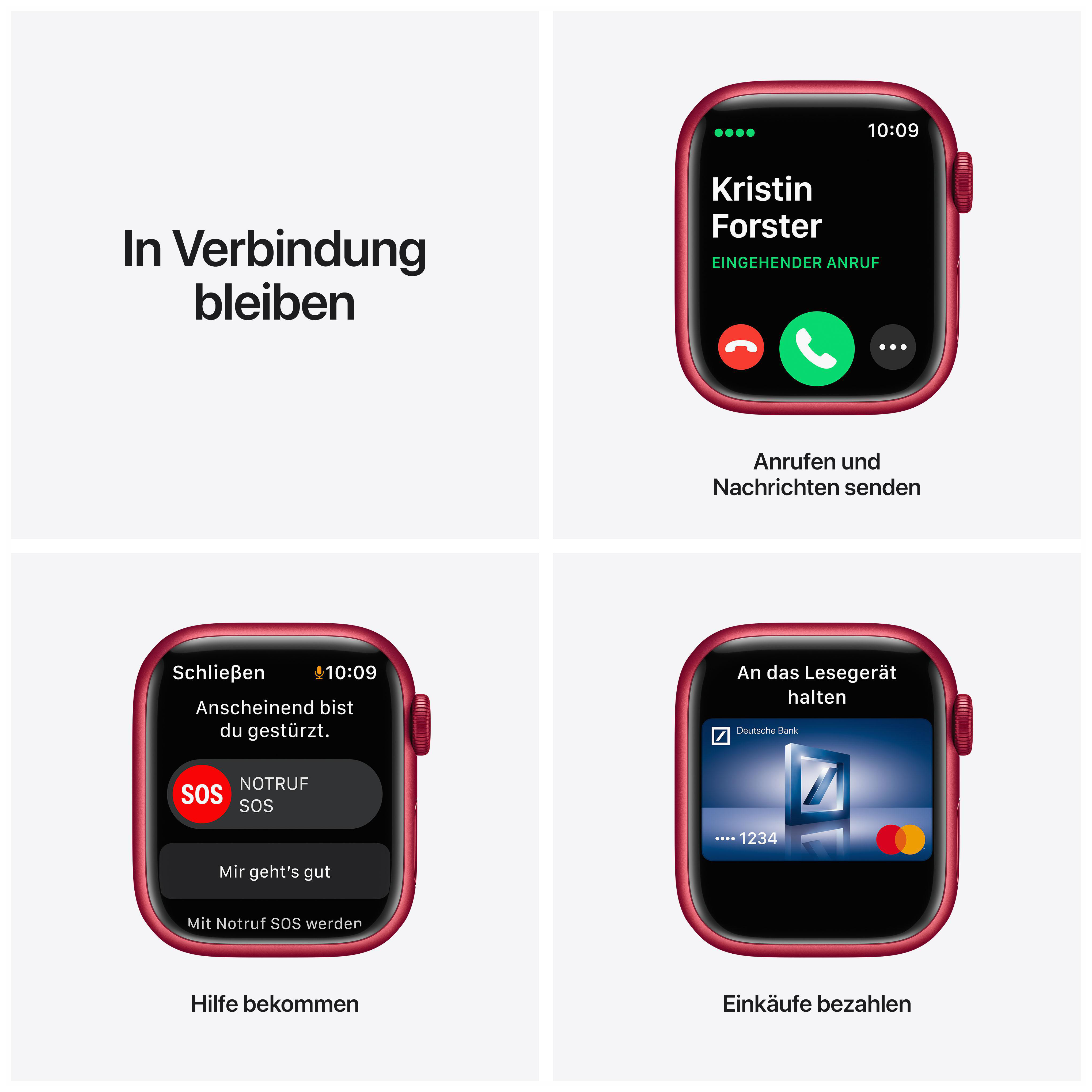 Apple Watch Oberfläche. Vier Bildschirme mit Anrufen, Notruf und Zahlungsoptionen. Rote Uhr.