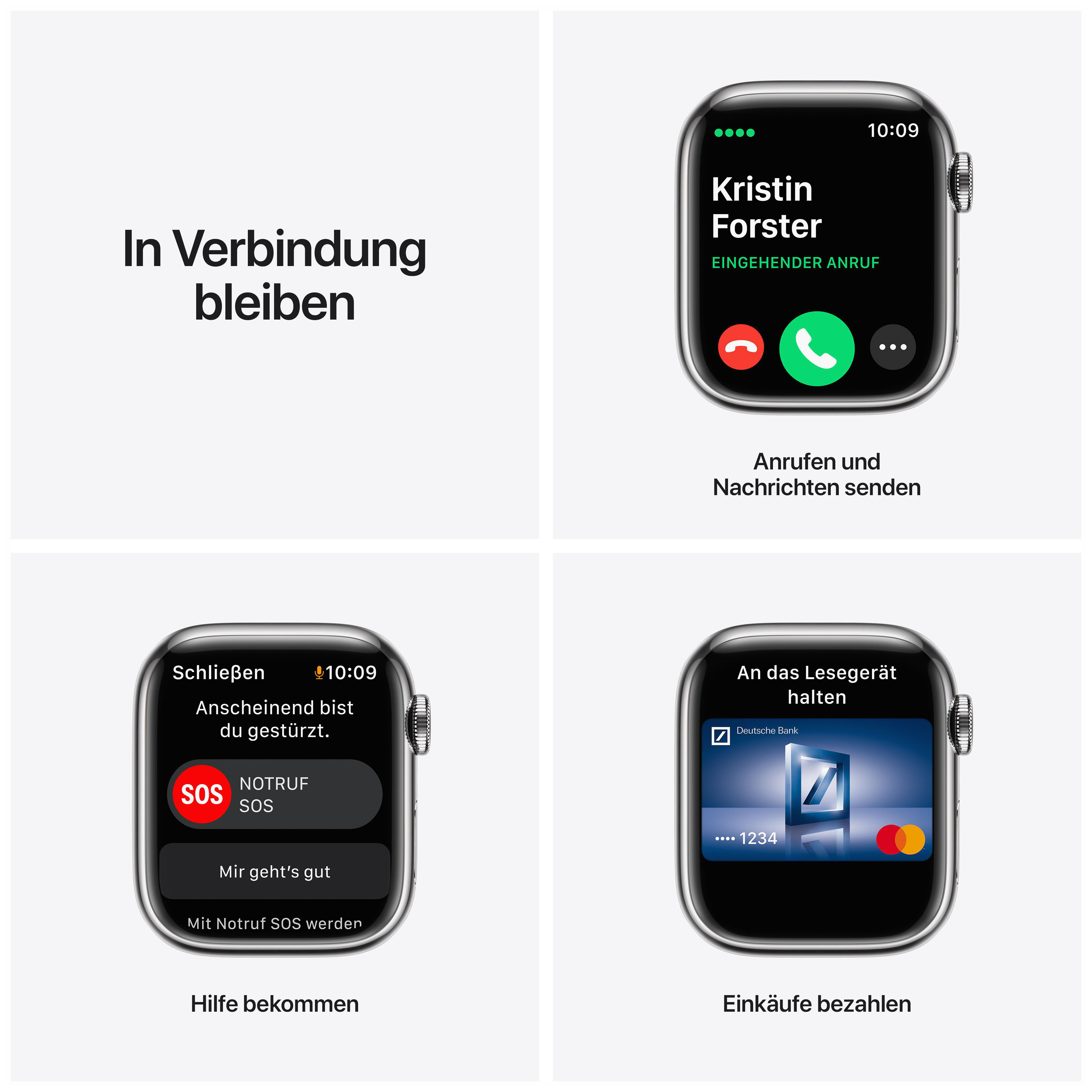 APPLE Watch Series 7 (GPS + Cellular) 41mm Smartwatch Edelstahl, 130 - 200 mm, Armband: Silber, Gehäuse: Silber