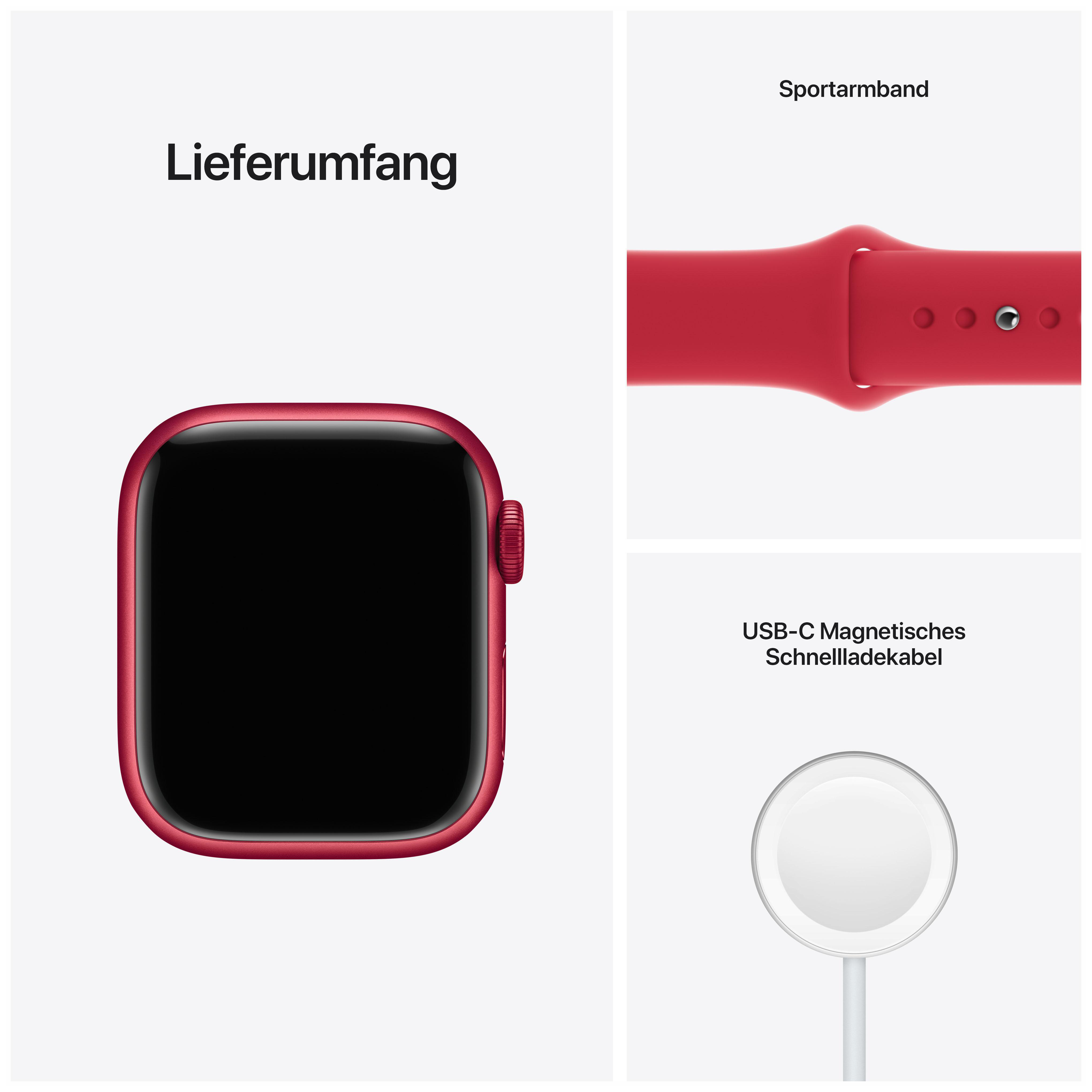 Apple Watch Zubehör: Zifferblatt, rotes Armband und magnetisches Ladekabel.