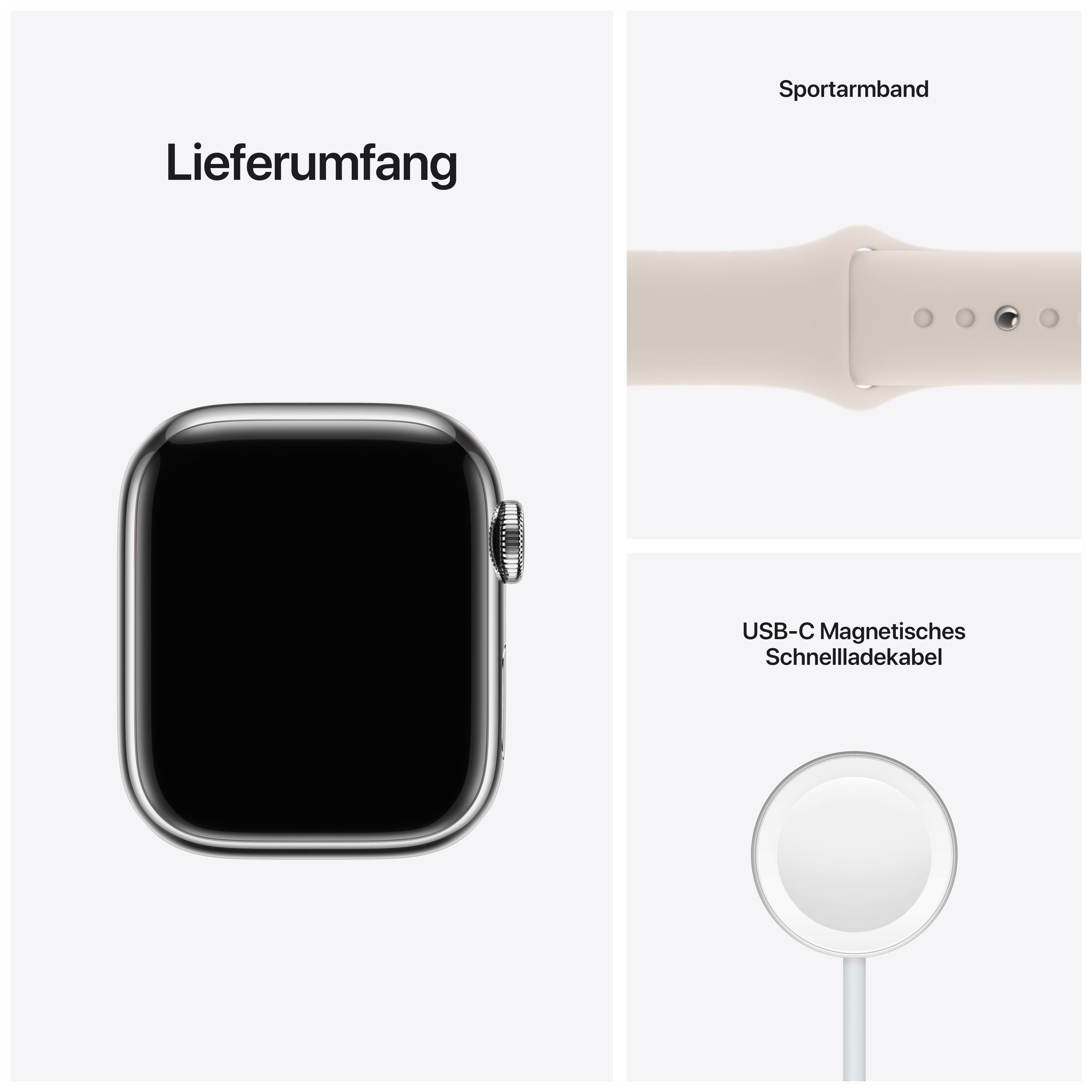 Eine Smartwatch mit ihren Teilen: die Uhr, ein Armband und ein Ladekabel.