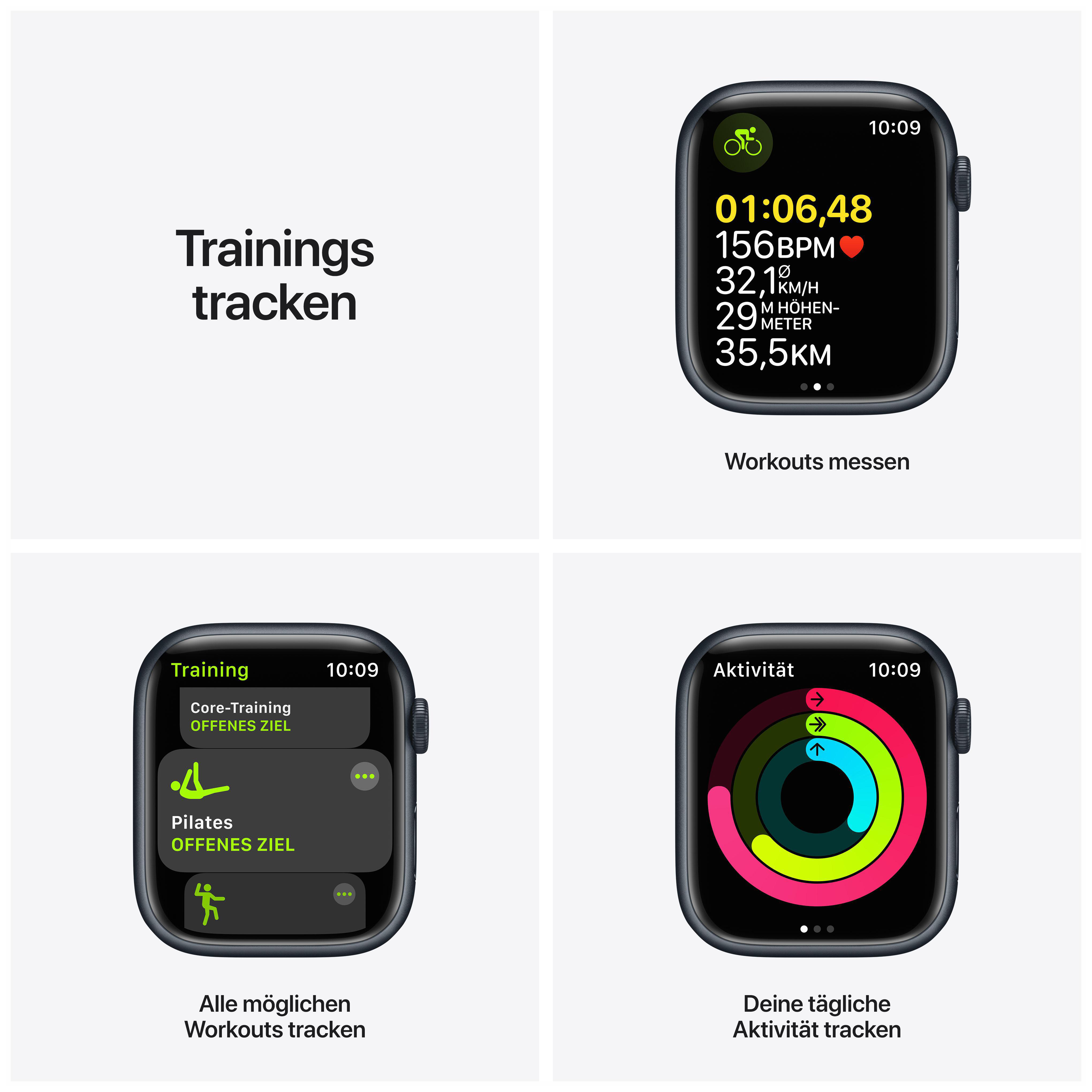 Apple Watch-Bildschirme mit Trainingsverfolgung, Aktivitätsringen, Training.