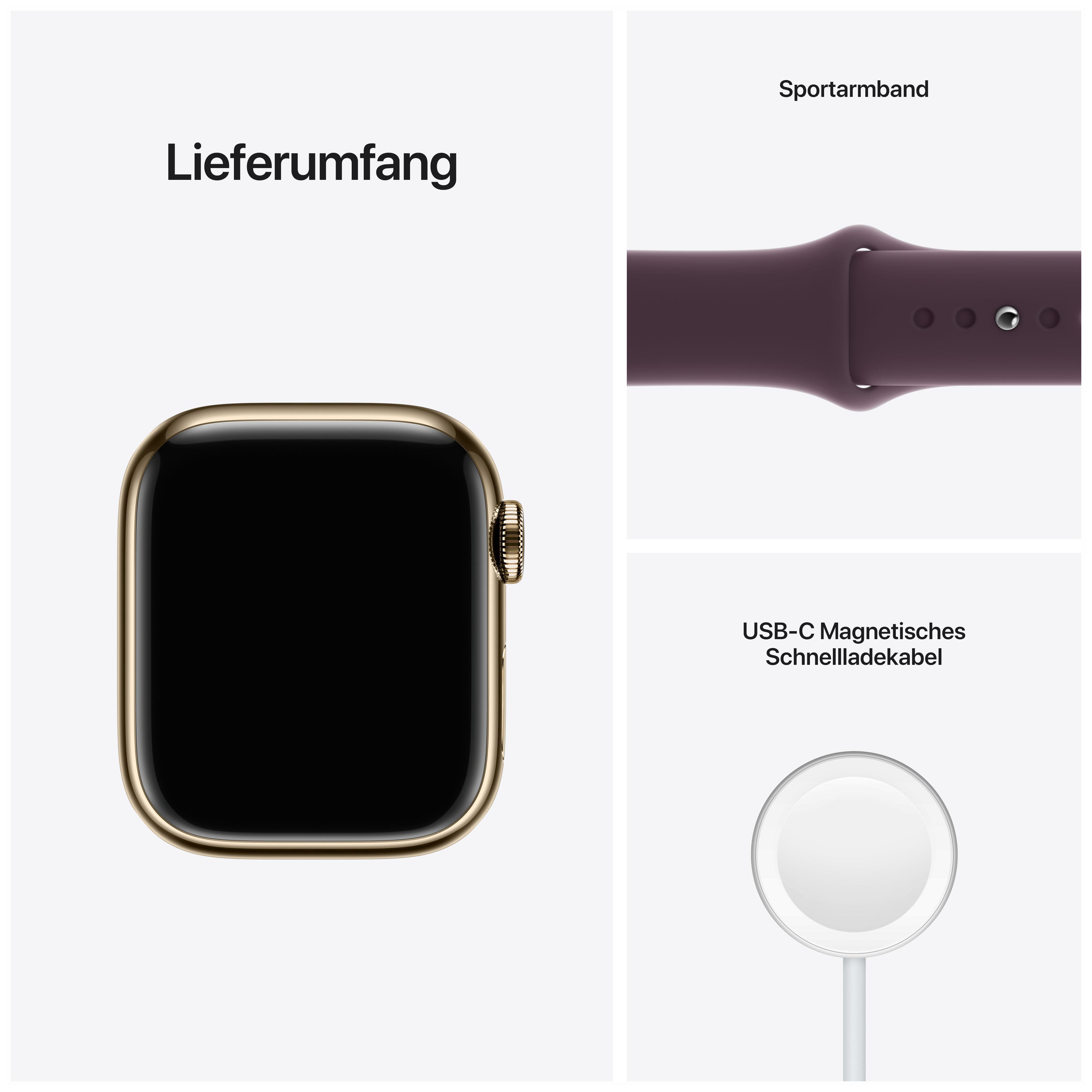 APPLE Watch Series 7 (GPS + Cellular) 41mm Smartwatch Fluorelastomer, 130 - 200 mm, Armband: Dunkelkirsch, Gehäuse: Gold
