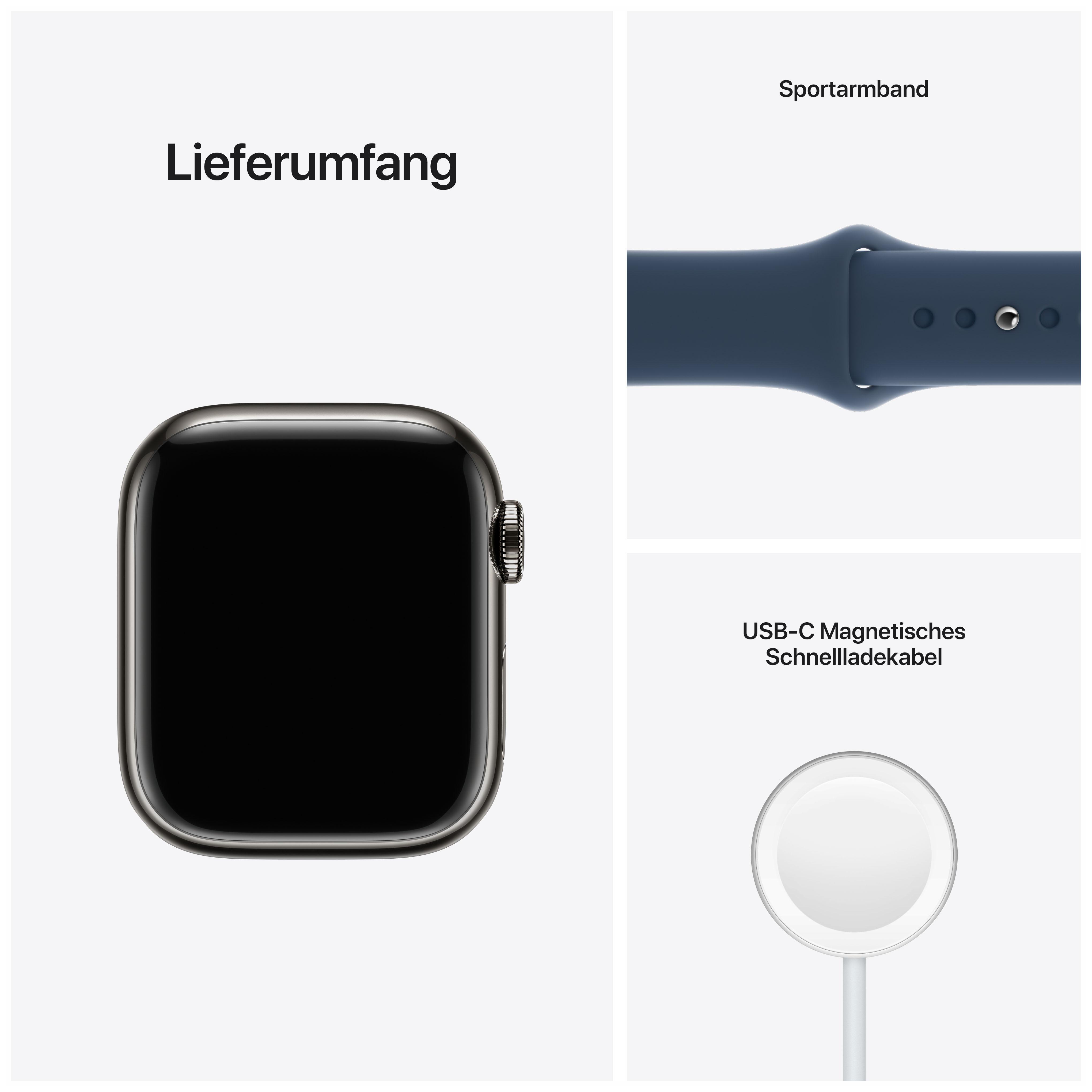 APPLE Watch Series 7 (GPS + Cellular) 41mm Smartwatch Fluorelastomer, 130 - 200 mm, Armband: Blau, Gehäuse: Graphit