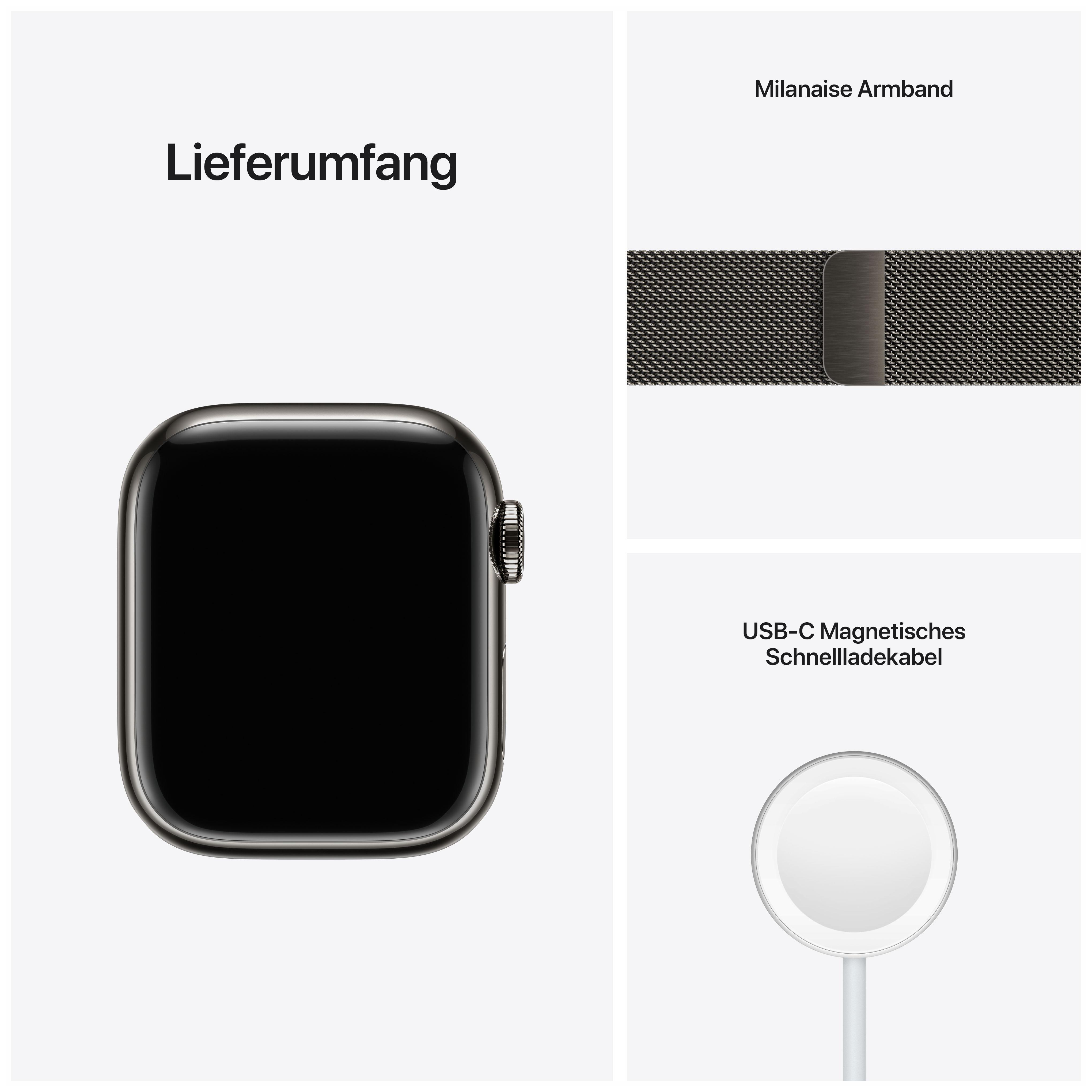Apple Watch mit Zubehör, schwarze Uhr, weißer Hintergrund.