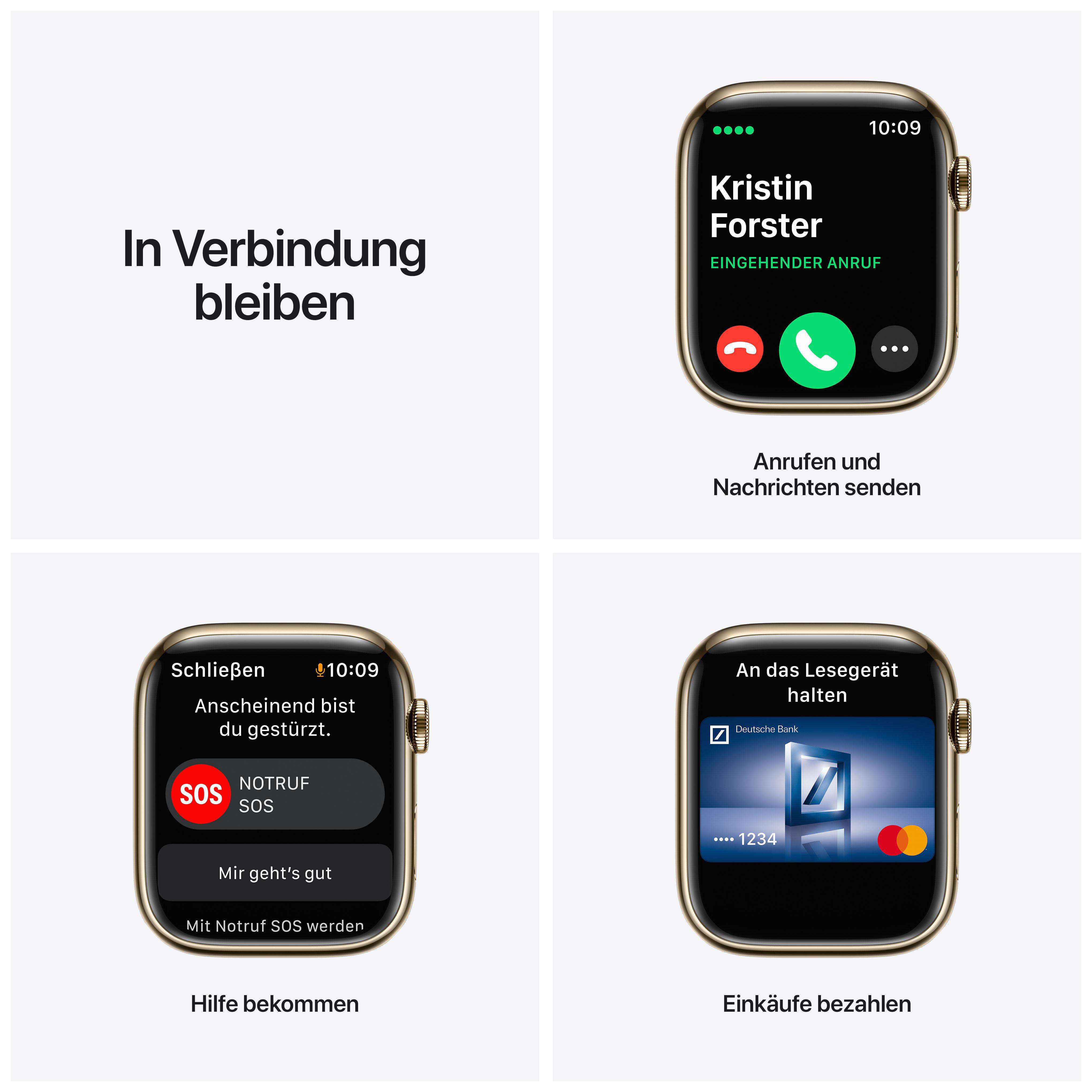 Apple Watch Oberfläche mit eingehendem Anruf, SOS und Zahlungsmethoden.