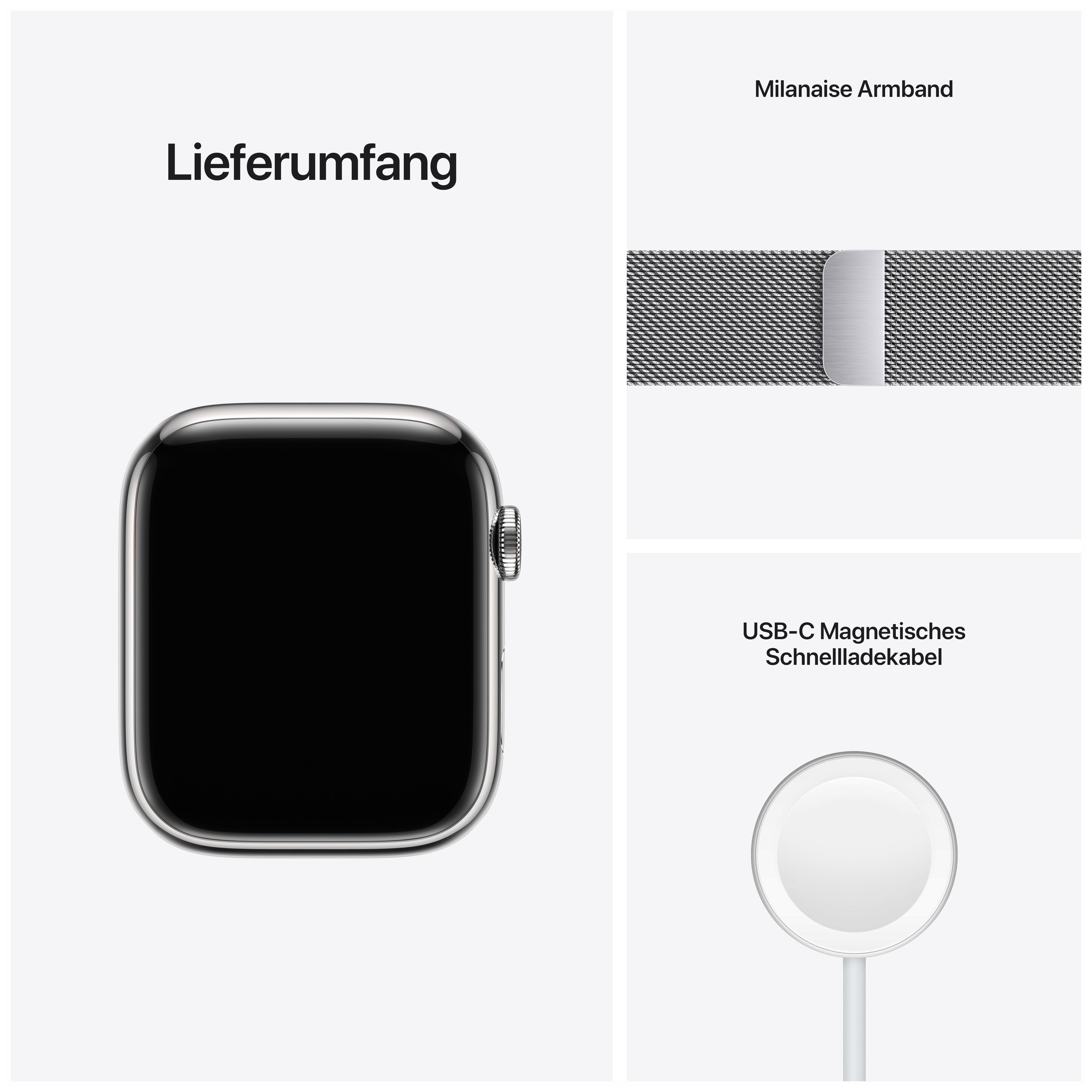 APPLE Watch Series 7 (GPS + Cellular) 45mm Smartwatch Edelstahl, 140 - 220 mm, Armband: Silber, Gehäuse: Silber
