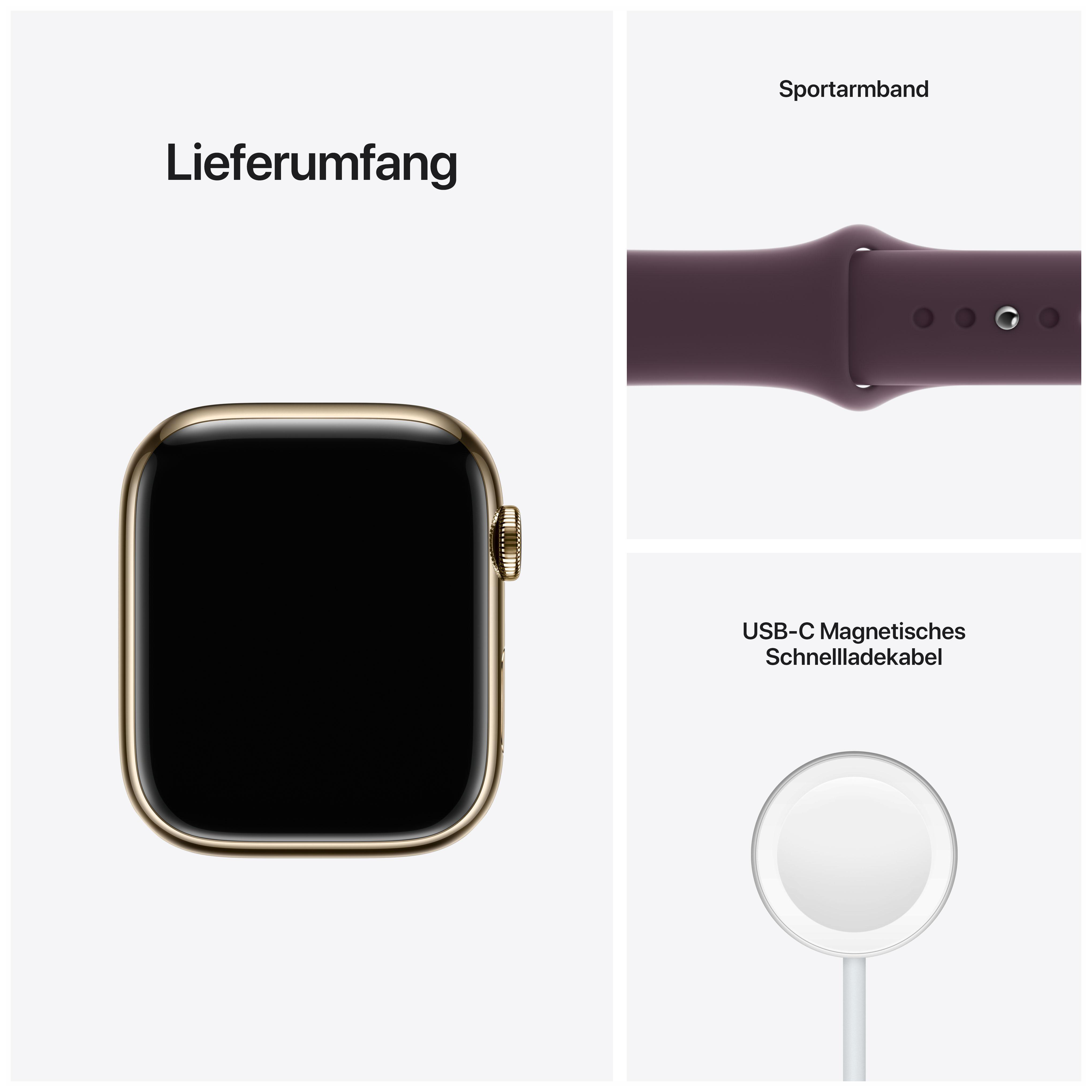APPLE Watch Series 7 (GPS + Cellular) 45mm Smartwatch Fluorelastomer, 140 - 220 mm, Armband: Dunkelkirsch, Gehäuse: Gold