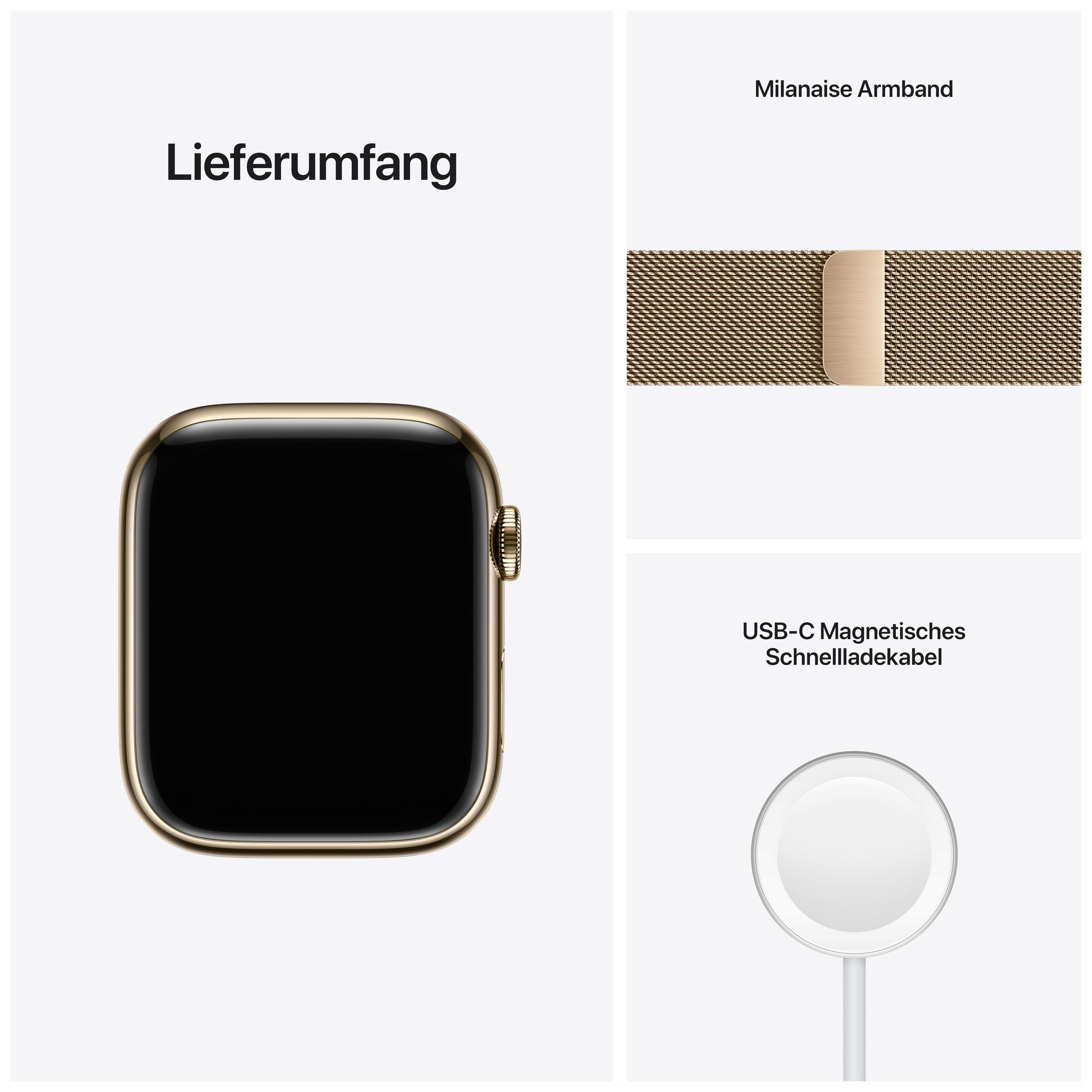 Apple Watch mit Zubehör. Zifferblatt, Mailänder Armband und magnetisches Ladekabel sind sichtbar.