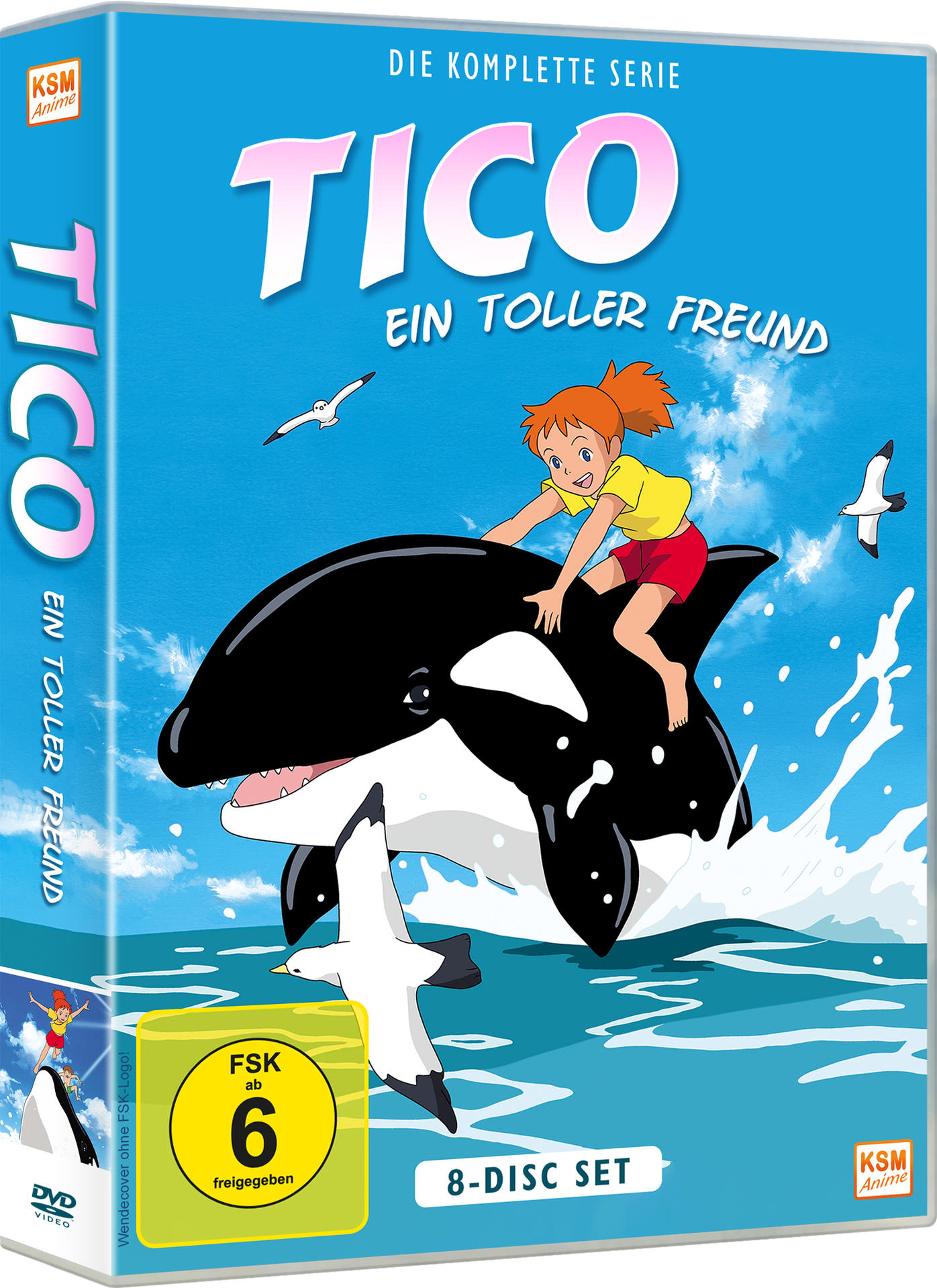 DVD-Boxset von "Tico: Ein toller Freund" mit einem Cartoon-Orca, einem Mädchen und Möwen.