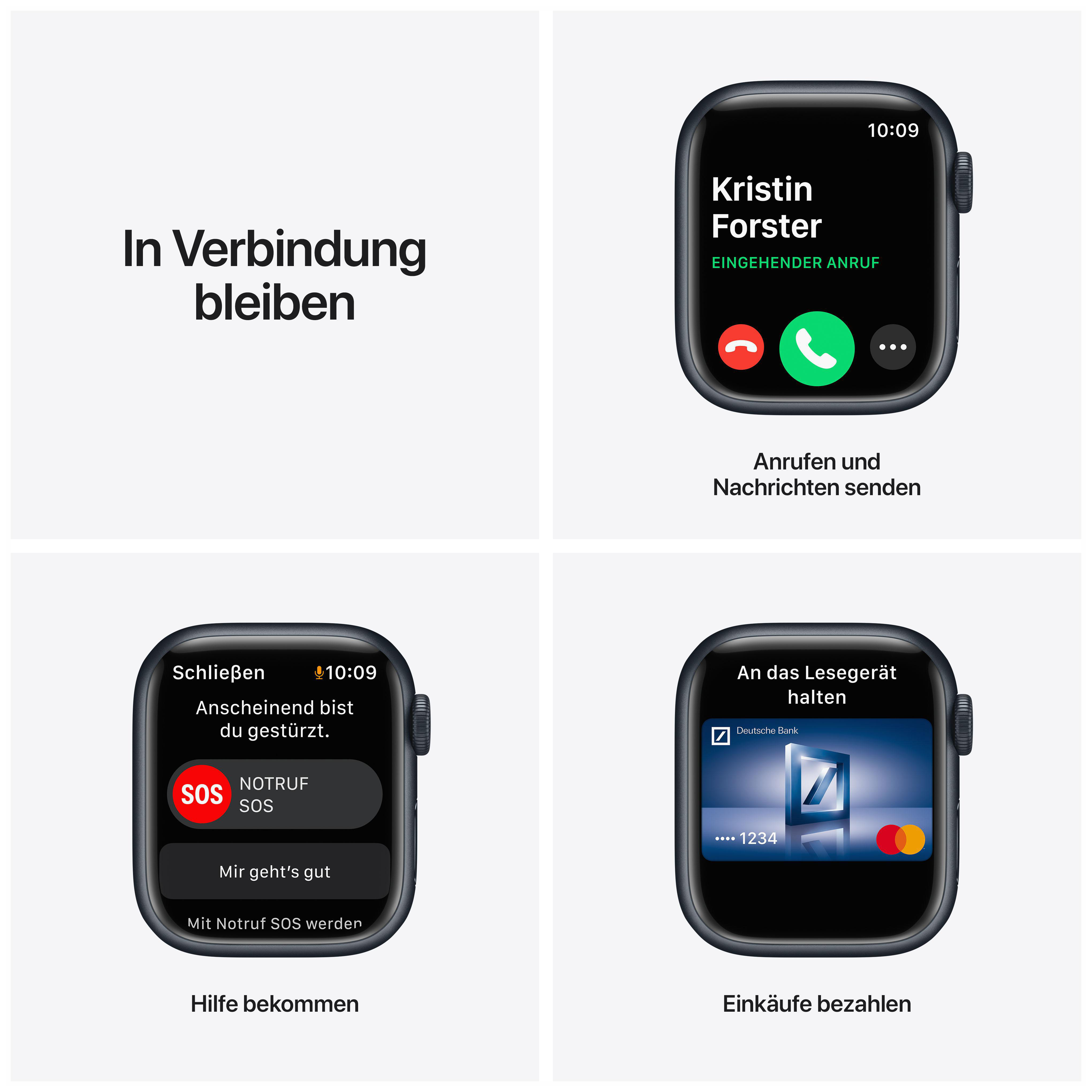 Apple Watch Oberfläche. Vier Bildschirme mit Anrufen, Notruf und Zahlungsoptionen. Schwarze Uhr.