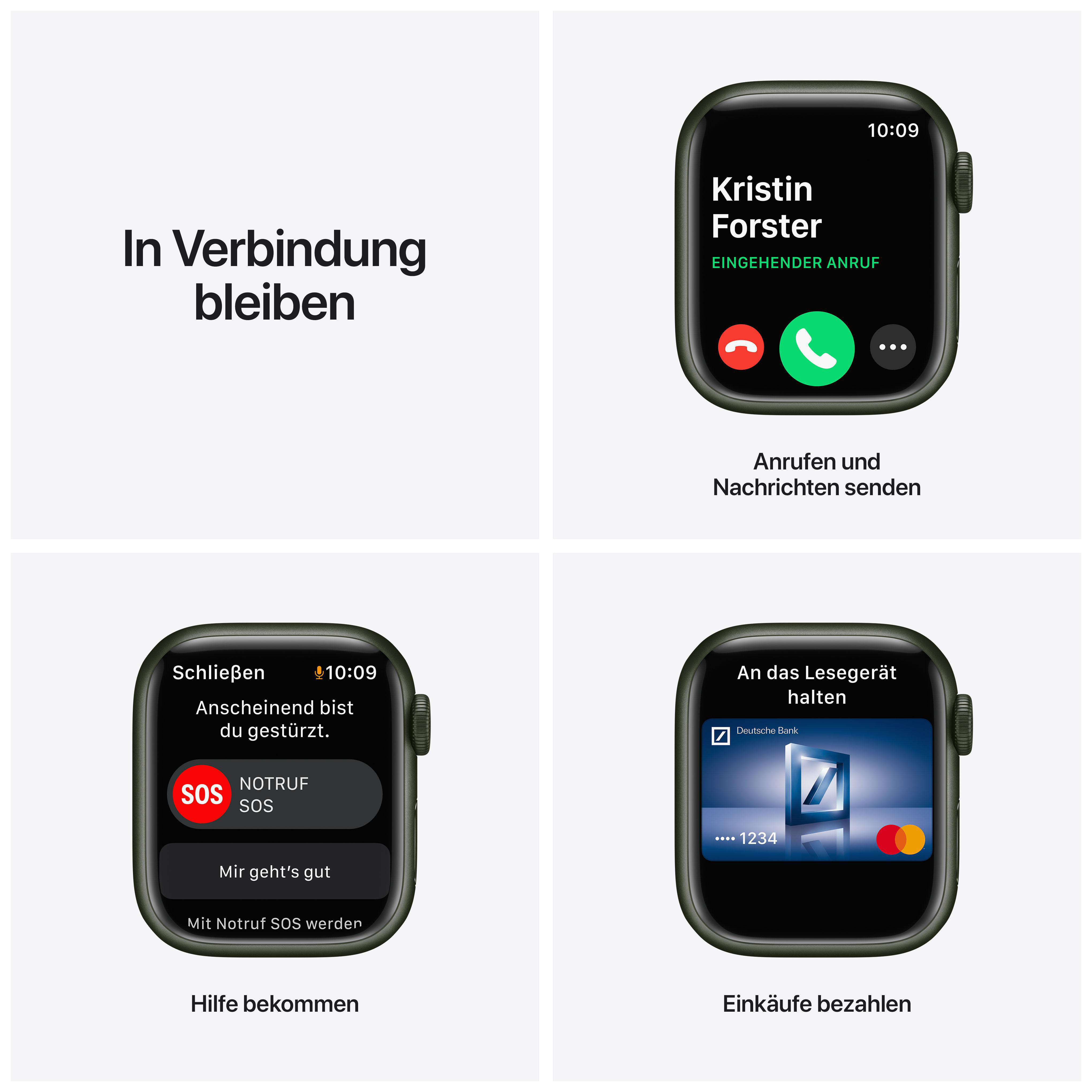 Apple Watch zeigt mehrere Bildschirme: eingehender Anruf, SOS, Zahlungen und Workout-Tracking-Daten.
