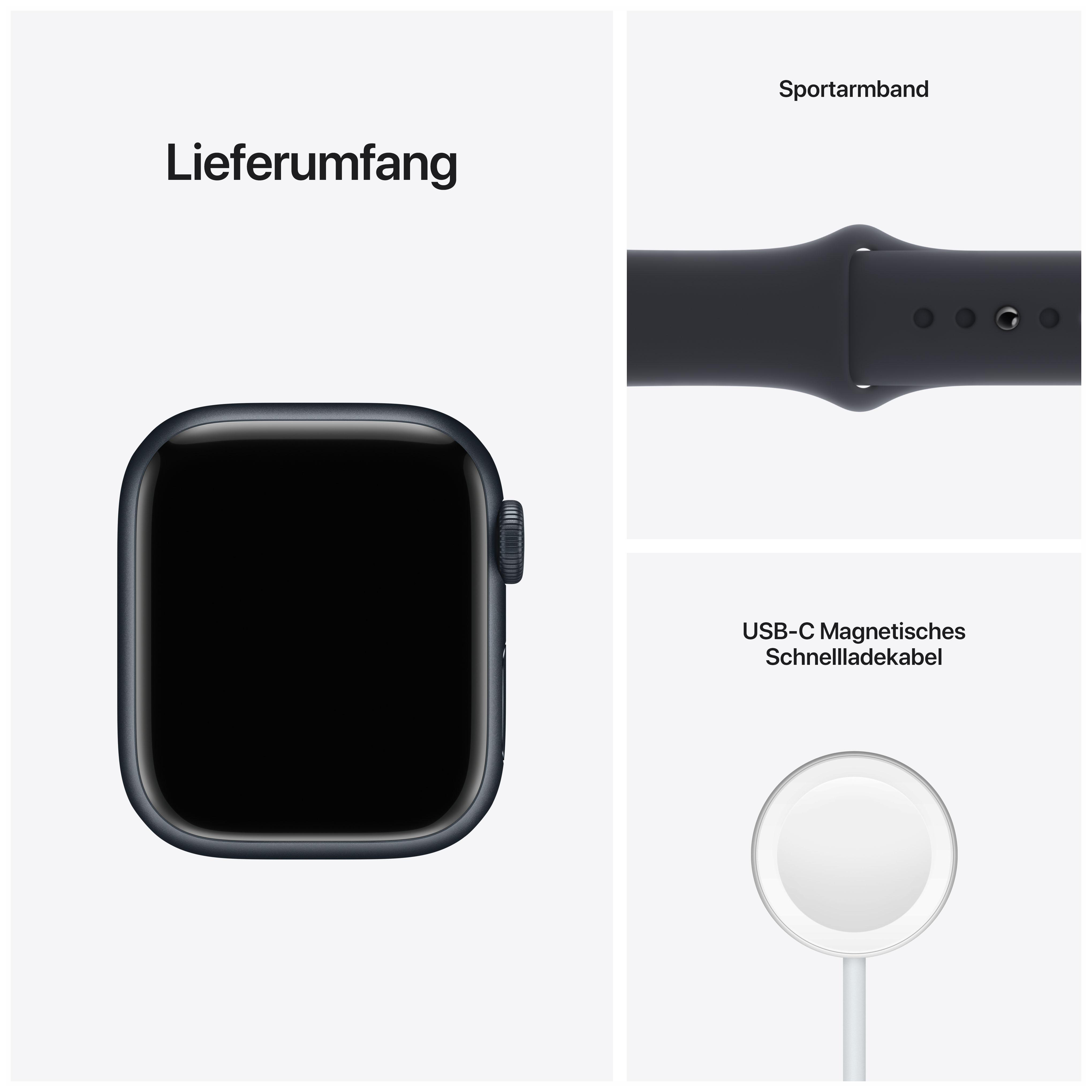 Apple Watch-Komponenten. Uhr, Sportarmband und USB-C-Magnetladekabel. Grafiken mit deutschem Text.