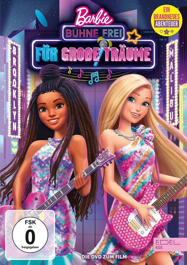 Filmposter: Zwei Zeichentrickmädchen spielen Gitarre. Titel: Barbie, freie Bühne für große Träume.