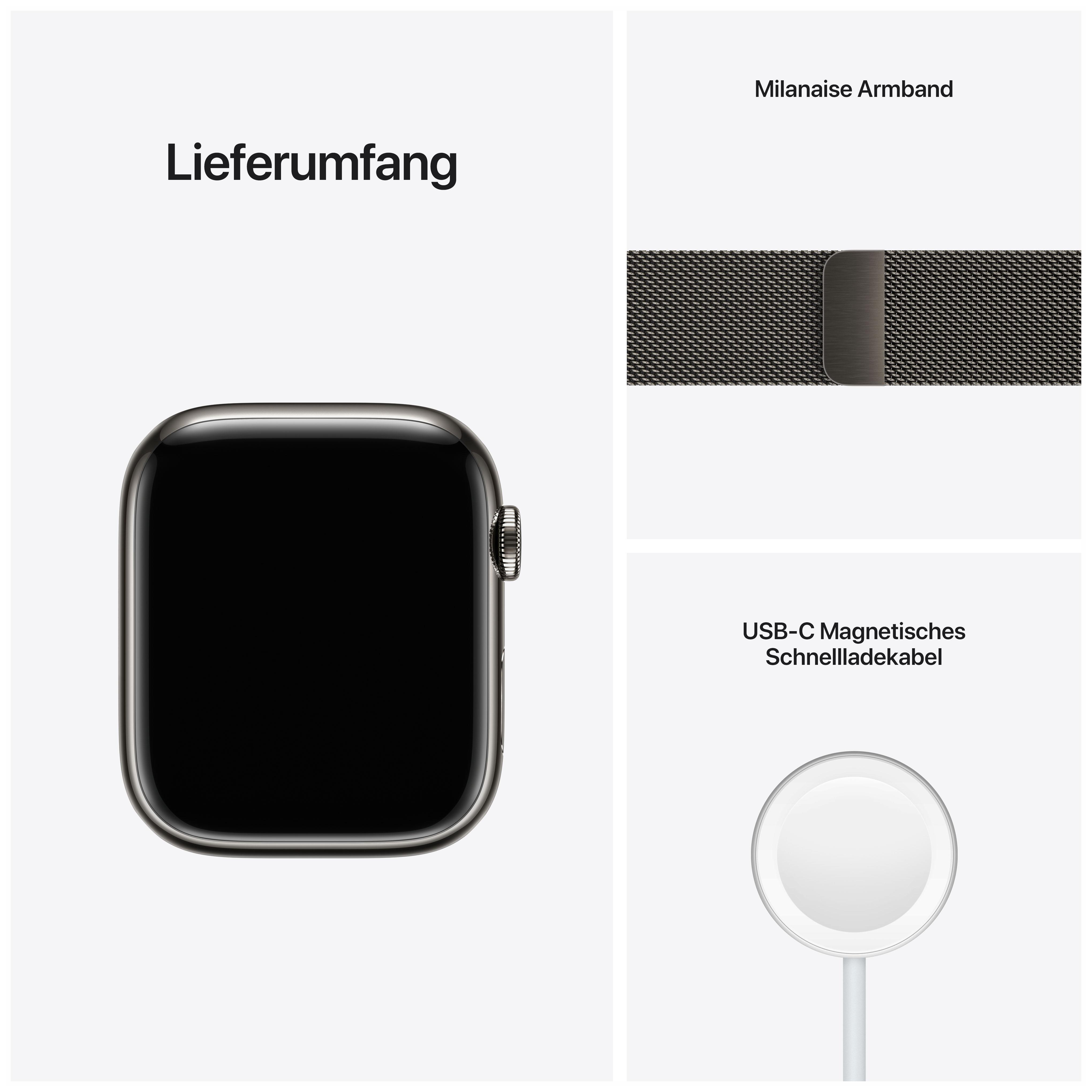 APPLE Watch Series 7 (GPS + Cellular) 45mm Smartwatch Edelstahl, 140 - 220 mm, Armband: Graphit, Gehäuse: Graphit