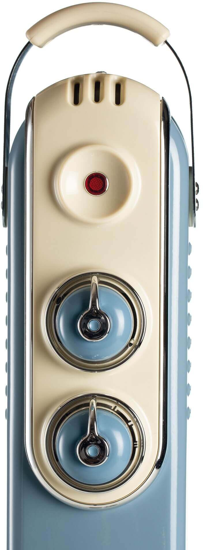 Radio blu e bianca in stile vintage con manopole e maniglia, su sfondo bianco.