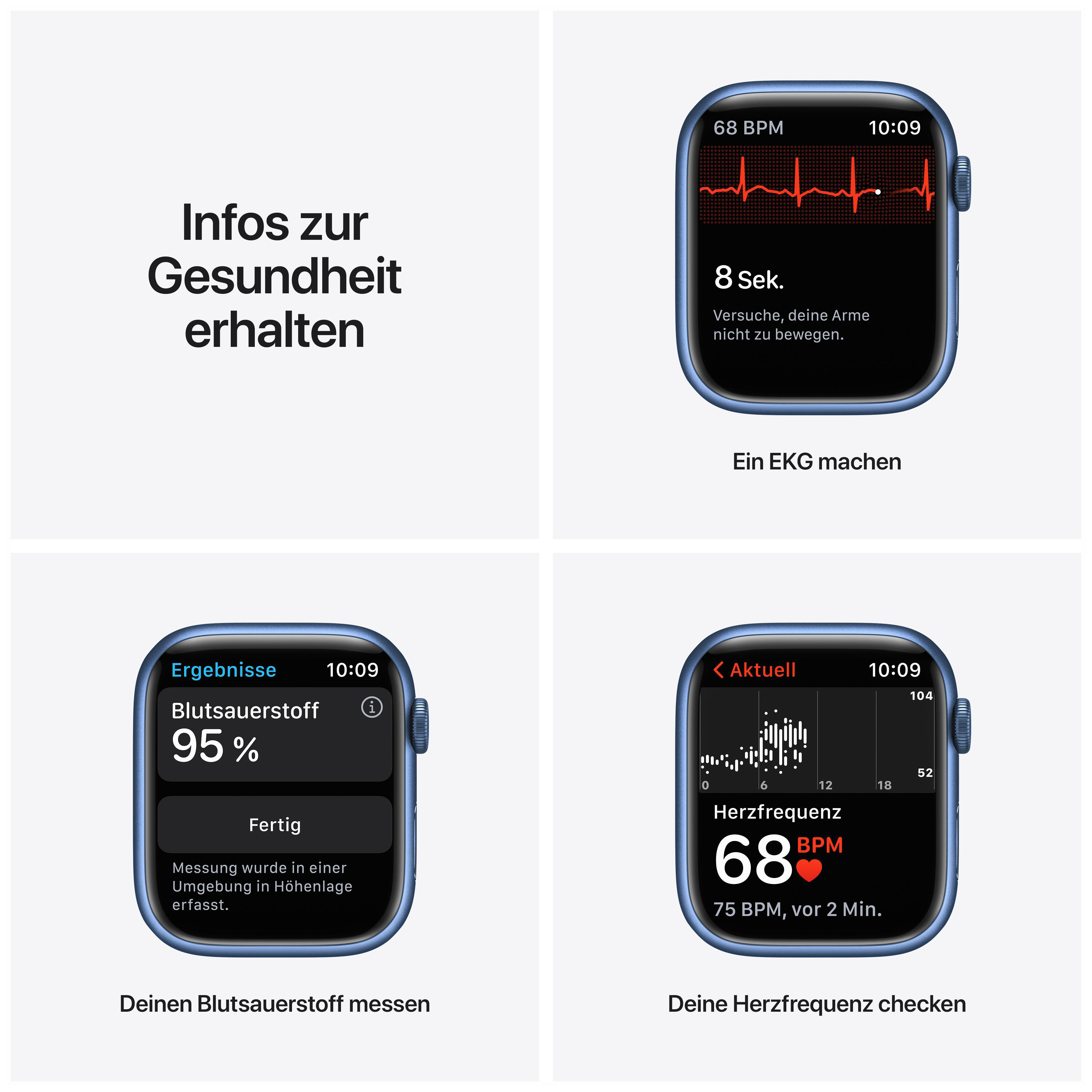 Apple Watch zeigt Gesundheitsdaten, inkl. EKG und Sauerstoffgehalt, mit Text.