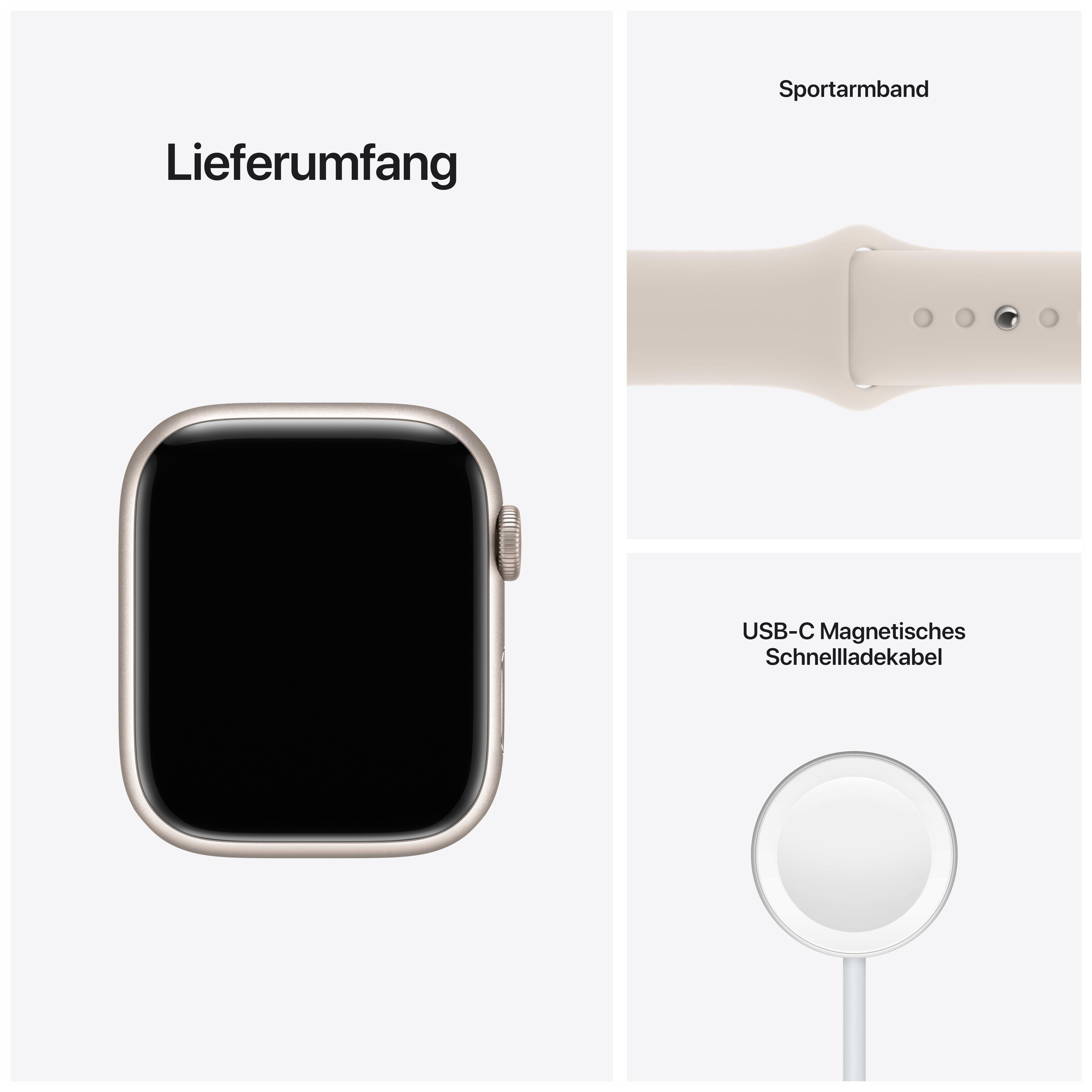 Eine Smartwatch, ein Uhrenarmband und ein Ladekabel, alles auf weißem Hintergrund.