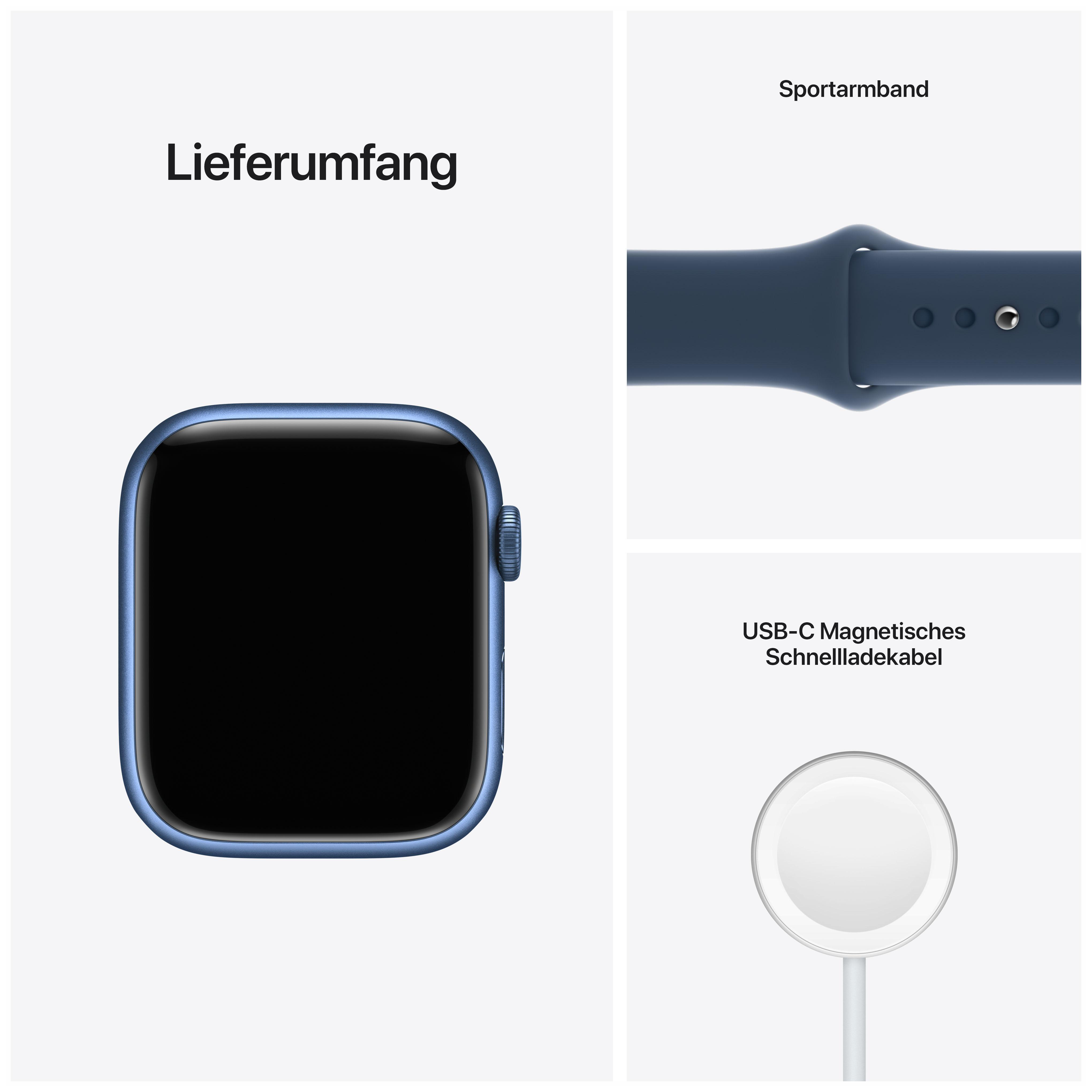 Apple Watch Komponenten: die Uhr, ein blaues Armband und ein weißes Ladegerät.