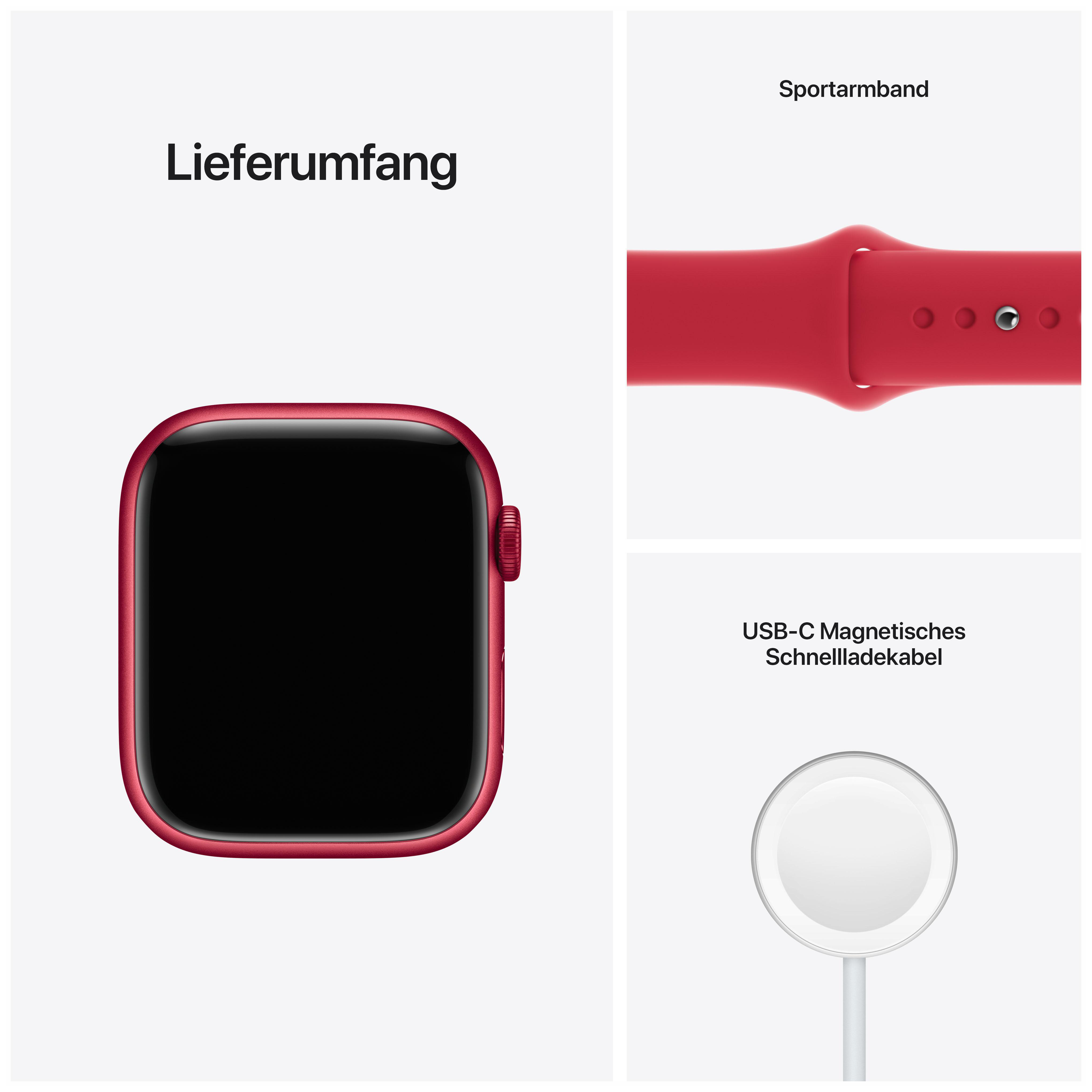 APPLE Watch Series 7 (GPS) 45mm Smartwatch Fluorelastomer, 140 - 220 mm, Armband: Rot, Gehäuse: Rot