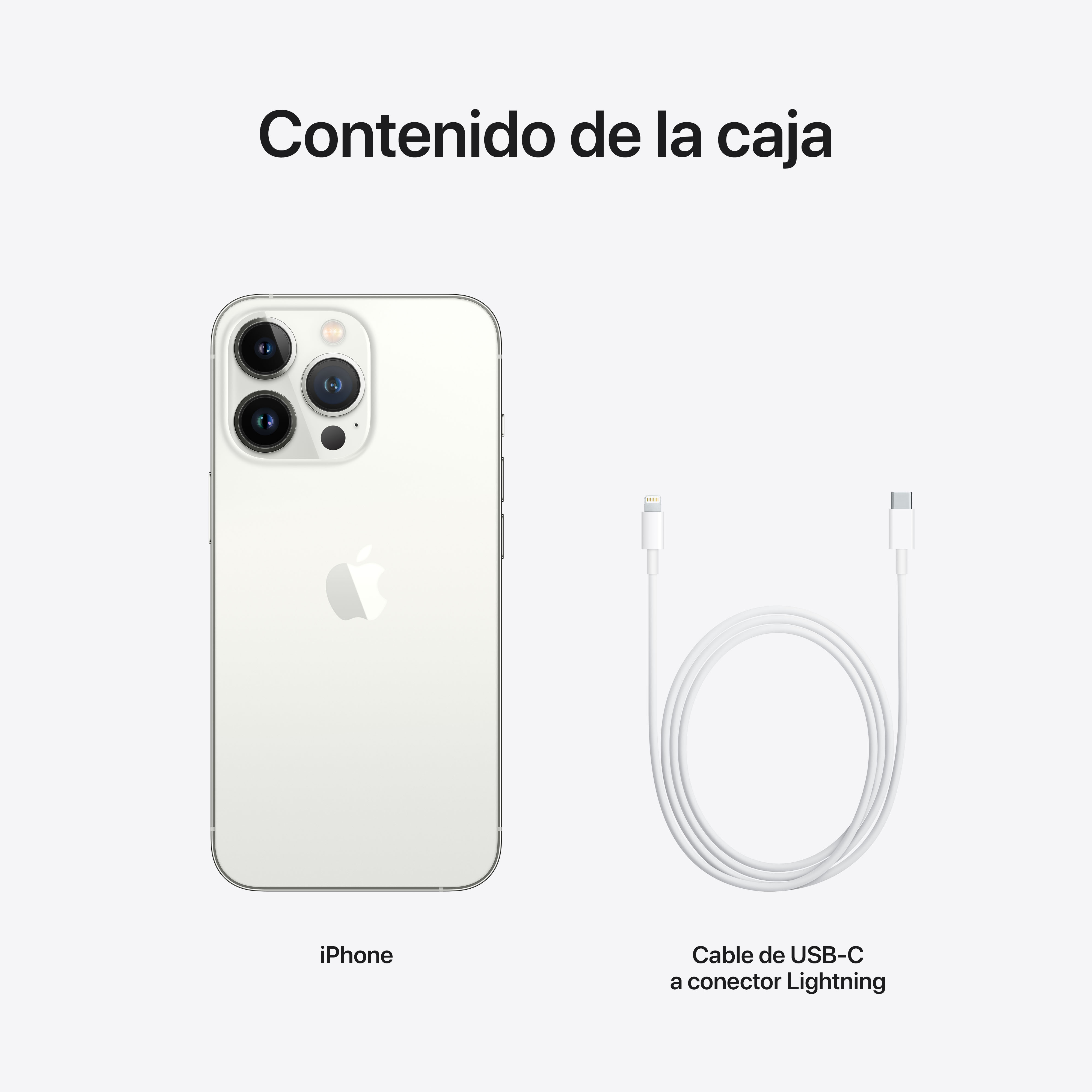 iPhone y cable USB-C blanco. El teléfono es blanco y tiene tres cámaras.