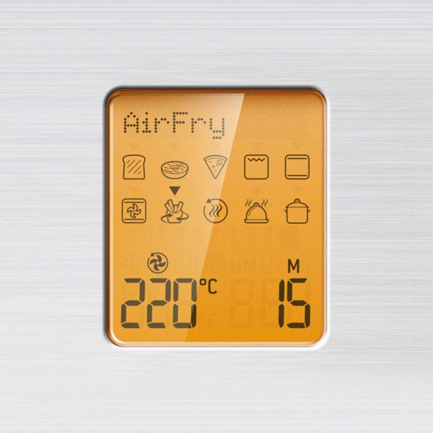 Display della friggitrice ad aria con sfondo arancione, con icone e numeri per temperatura e tempo.