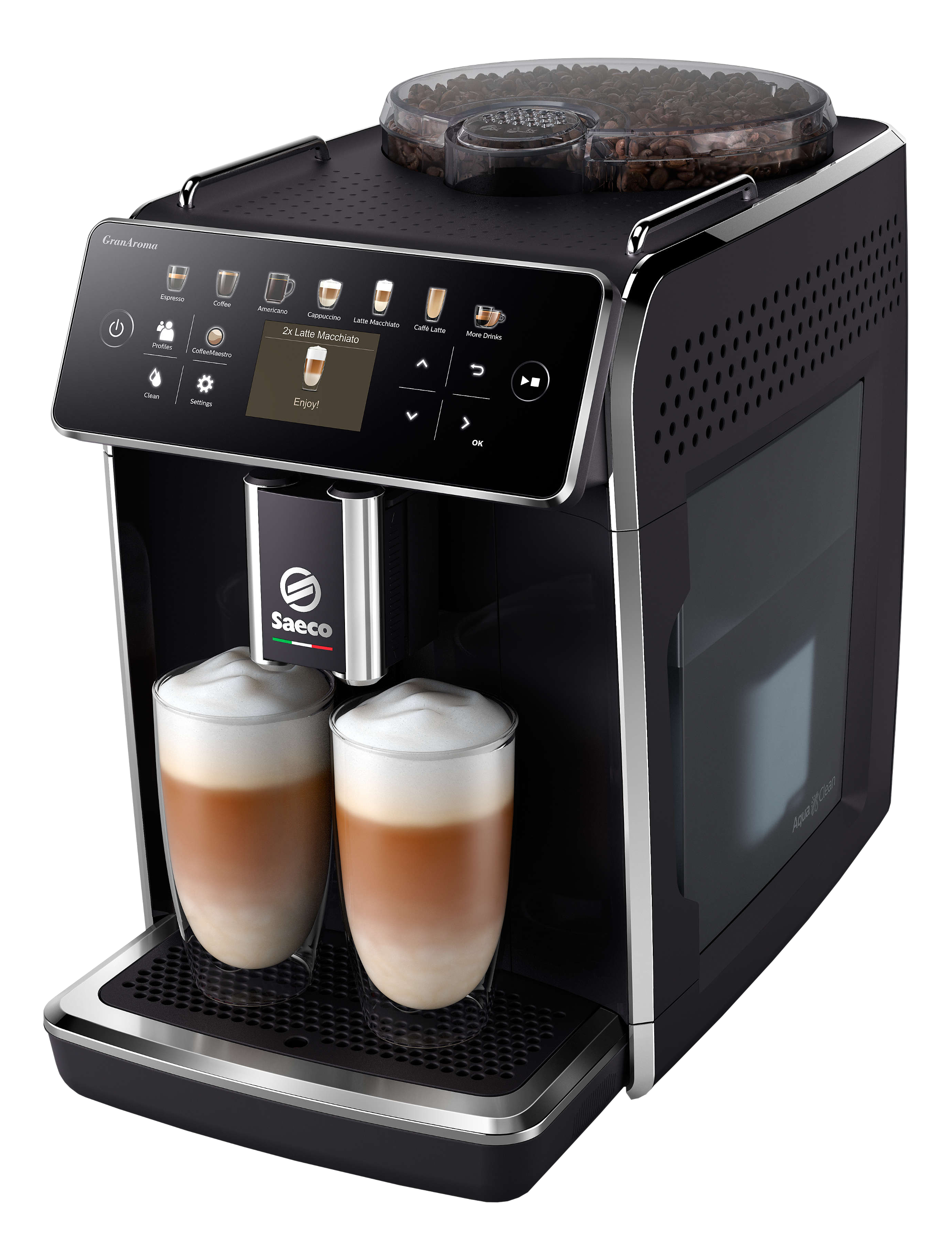 Une machine à expresso Saeco noire préparant deux latte macchiatos.