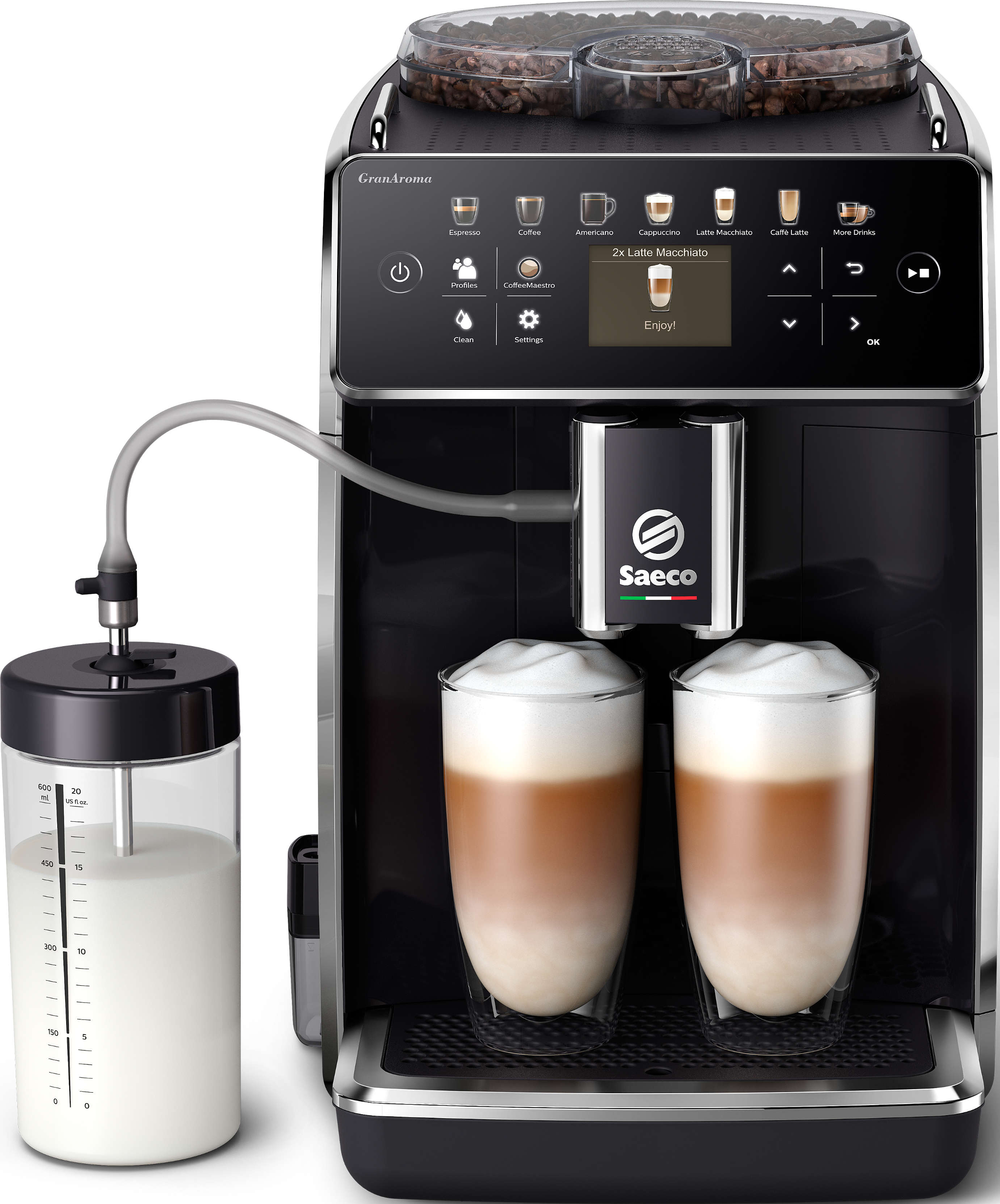 Machine à café avec deux verres de latte macchiato. Récipient à lait à gauche.